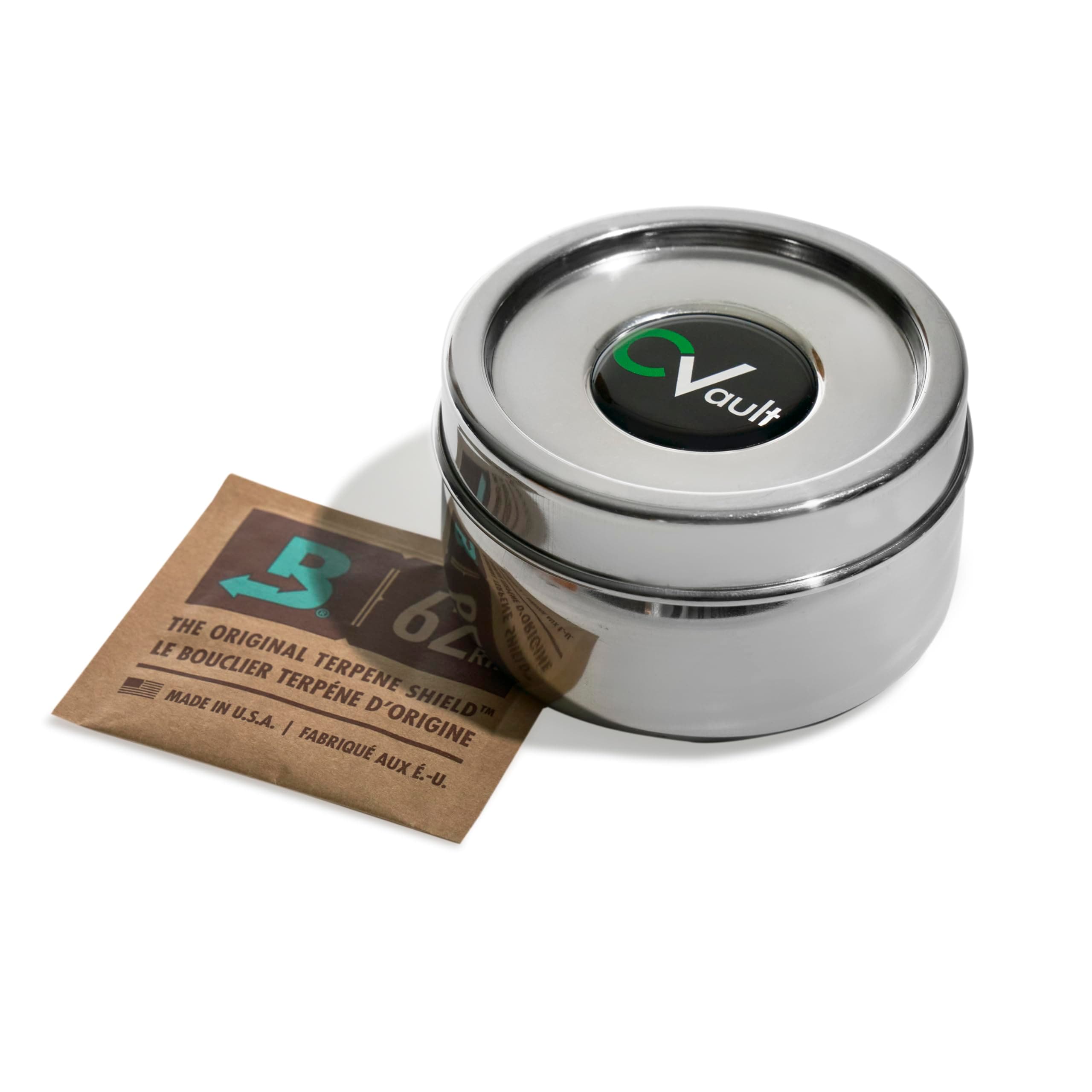 by Boveda | 1/2 oz Twist Top Storage Container | Shatterproof, Air Tight & Light Resistant | Food Grade Stainless Steel | Includes 62% RH 8-gram Boveda Pack