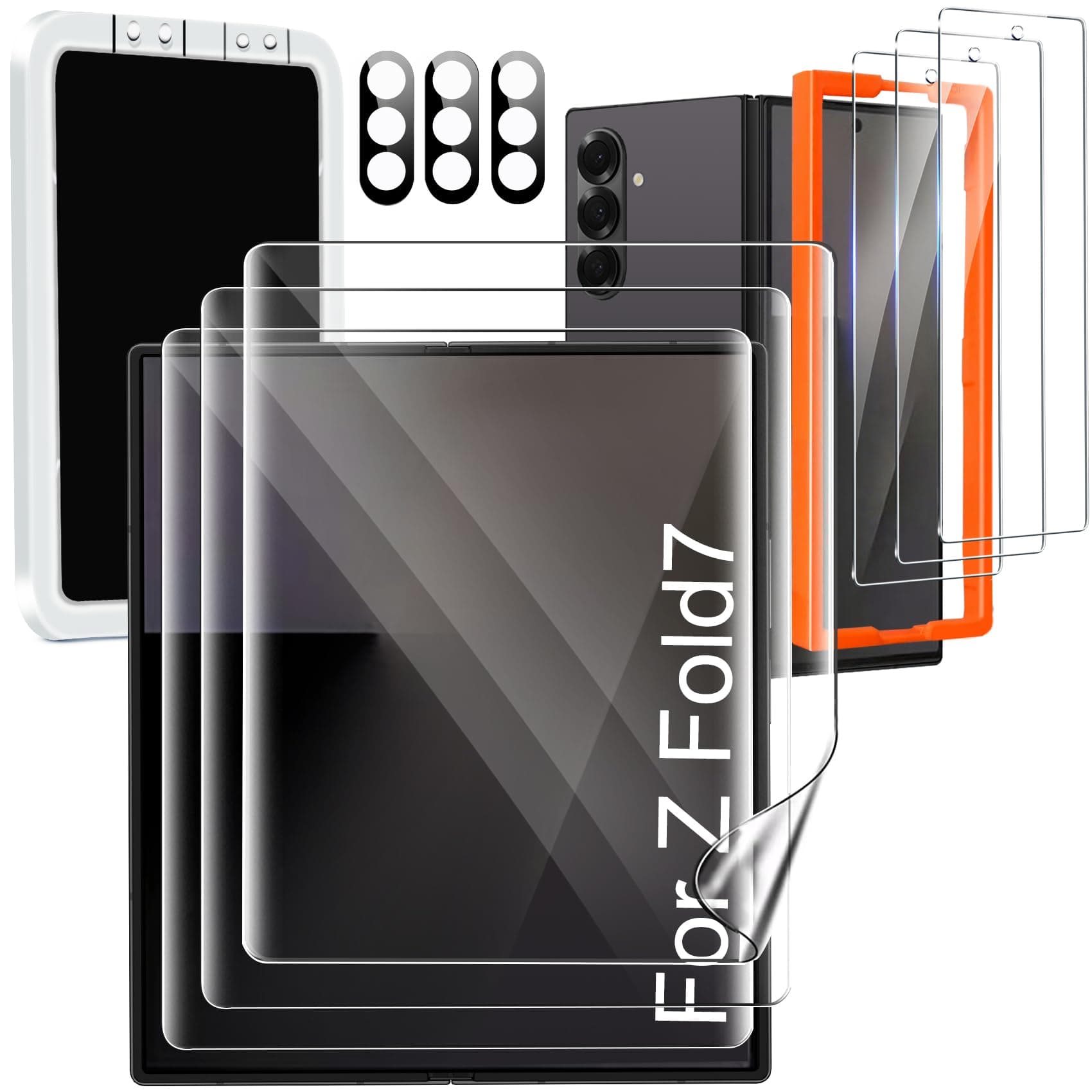9 in 1 Screen Protector for Samsung Galaxy Z Fold 7, 3 Inside Flexible Film + 3 Front Tempered Glass + 3 Camera Lens Protector Accessories with Installation Frame, No Bubbles