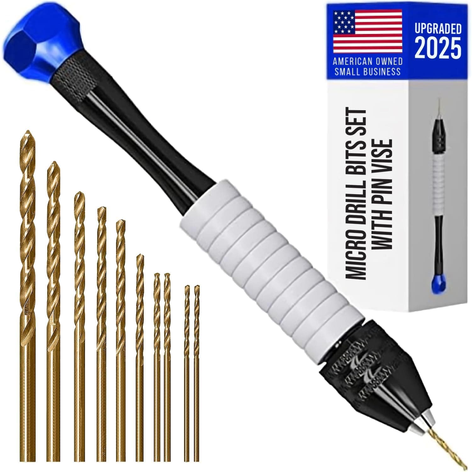 Craft911 Manual Craft Drill Sharp HSS Micro Mini Twist Drill Bits Set, Pin Vise Hand Drill for Jewelry Making; Small Hand Drill for Resin, Rotary Tools for Wood, Jewelry, Plastic, Miniature - Blue