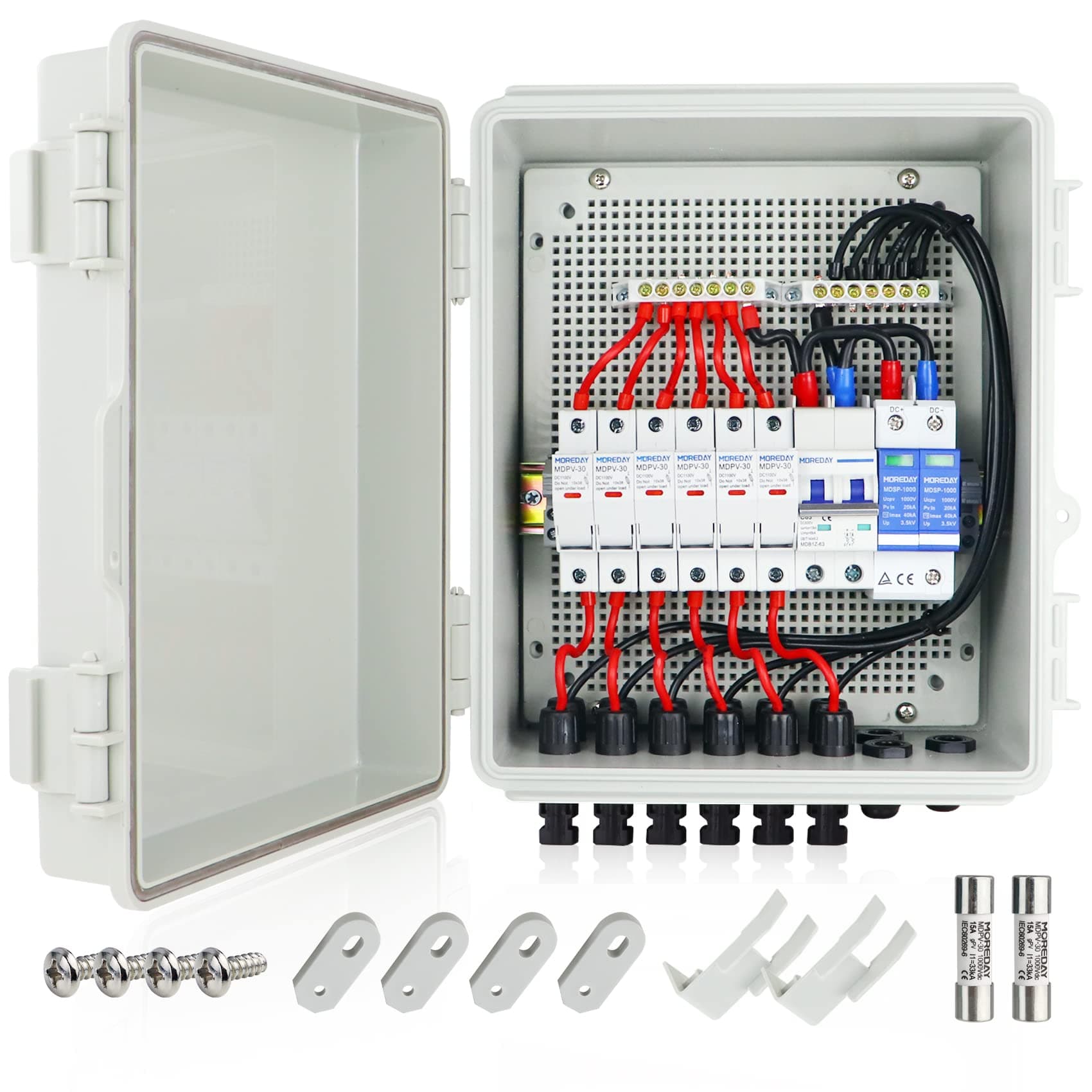 6 String Solar Combiner Box, PV Combiner Box with Lightning Arreste, 63A Circuit Breakers and 15A Rated Current Fuse for On/Off Grid Solar Power System, IP65 Water Resistant