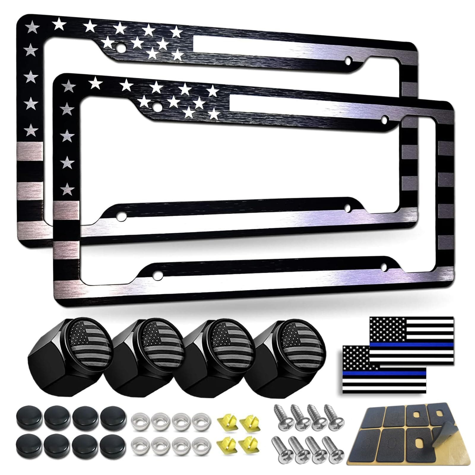 BGGTMO Black American Flag License Plate Frames- 2 Pack Front Rear Patriotic USA Stars and Stripes Aluminum Car Tag Holder with Screws