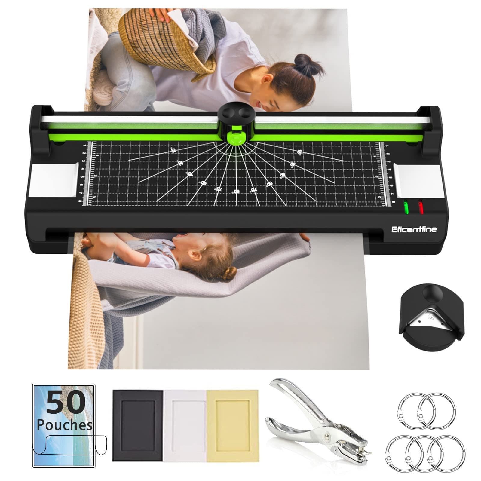 Laminator Machine for A3/A4/A6, Thermal Laminating Machine for Home Office School Use with 50 Pouches, Paper Trimmer and Corner Rounder (Green)