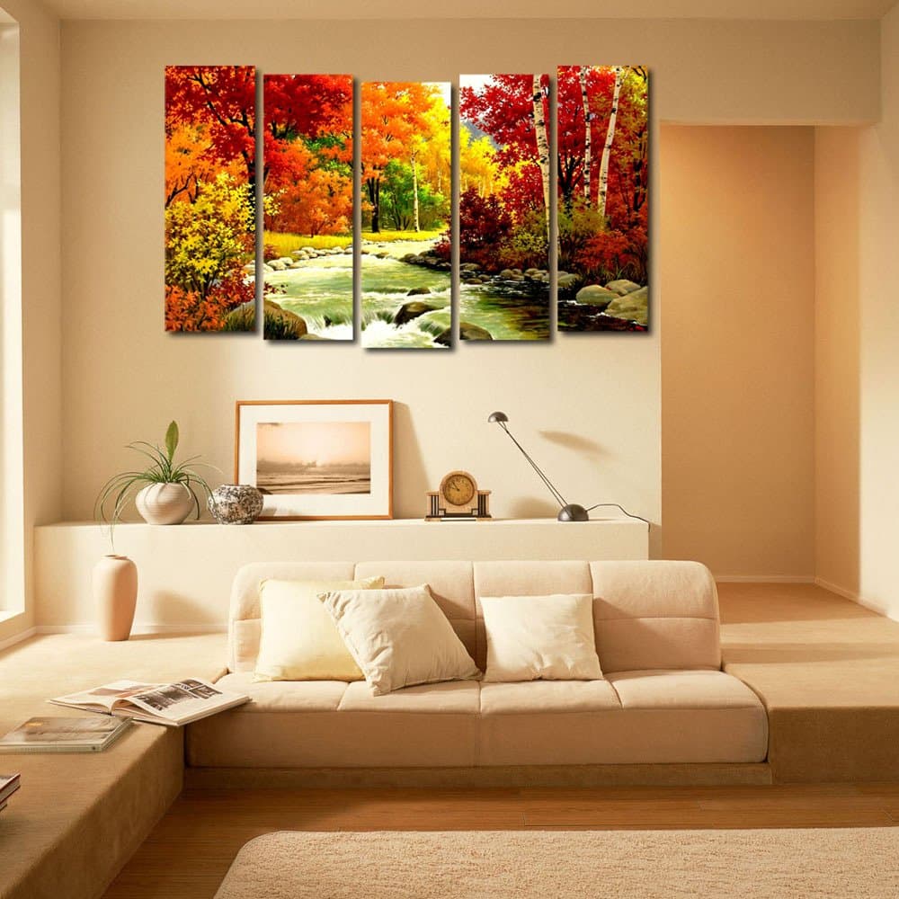 999STORE Multiple Frames Wall Art Panels Wooden Frame Printed Forest River Like Modern tree of life wall painting - 5 Frames (148 X 76 Cms)