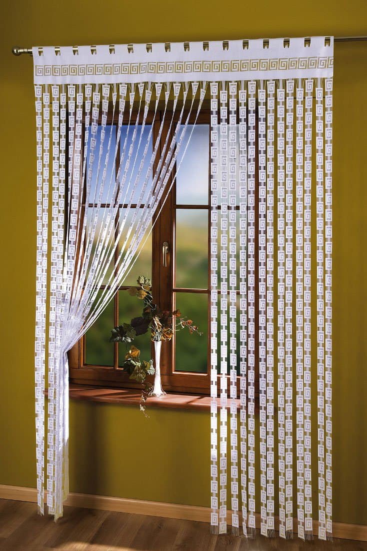 Thick String Curtain Panel White Greek Key 59" width x 98" drop Window Door Decoration Fringe Blind Tassels