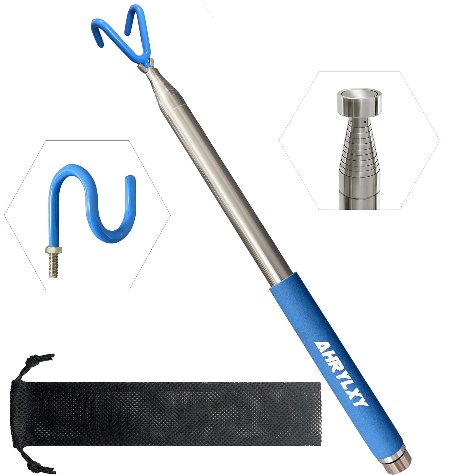 Telescoping Pickup Tool Magnetic Pole with 3 Hooks, 10 FT Telescopic Push Pull Rod Wire Reacher Grabber Disc Golf Retriever, Disc Golf Accessories