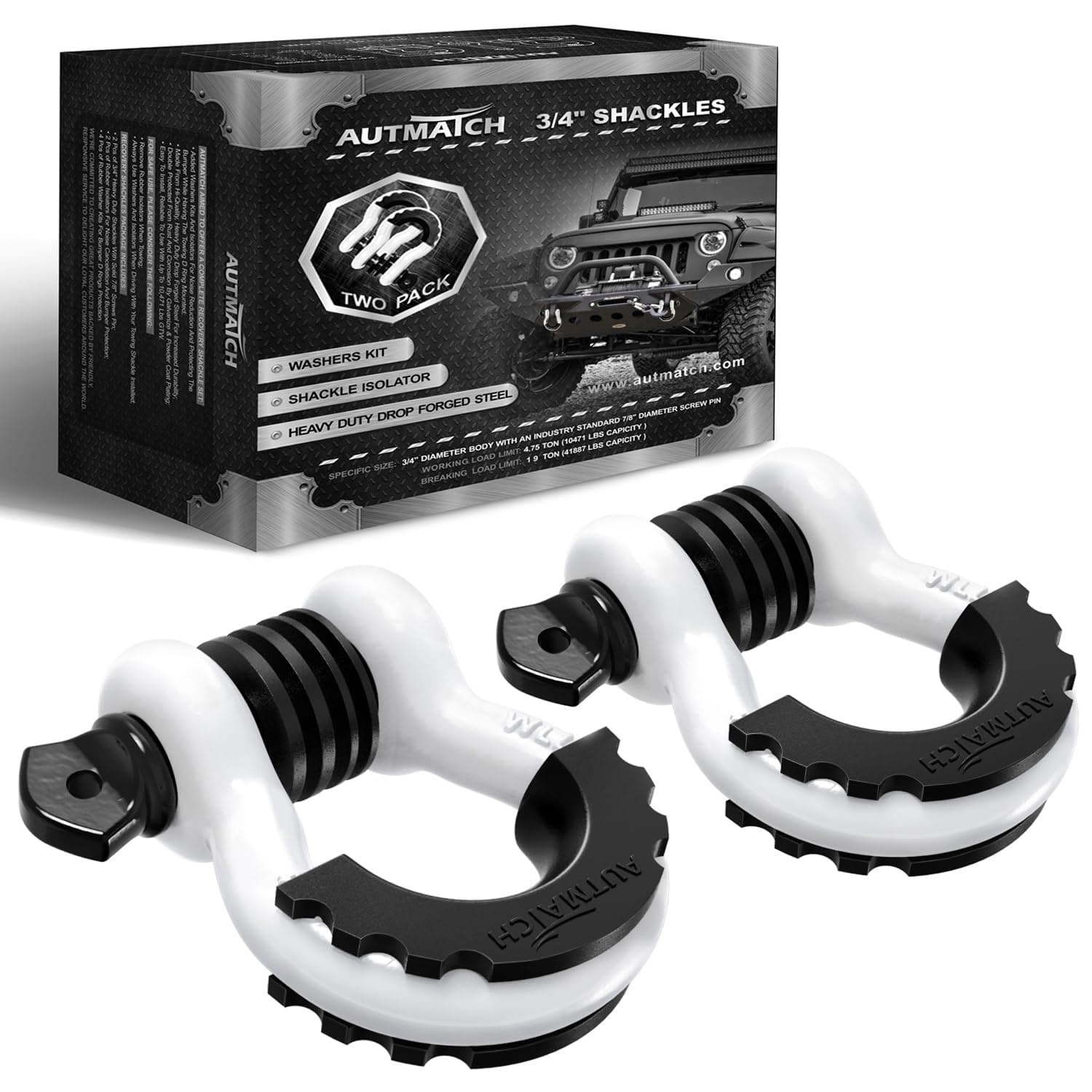 AUTMATCH Shackles 3/4" D Ring Shackle (2 Pack) 41,887Ib Break Strength with 7/8" Screw Pin and Shackle Isolator & Washers Kit for Tow Strap Winch Off Road Jeep Vehicle Recovery White & Black