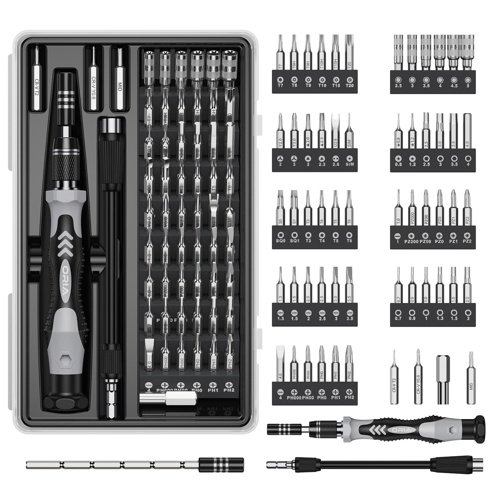 ORIA 61 in 1 Precision Screwdriver Set with 57 Bits, Magnetic Screwdriver Kit, Portable Repair Tool Kit for Smartphone, PC, Watch, Toys - Includes Extension and Flexible Rod, Black