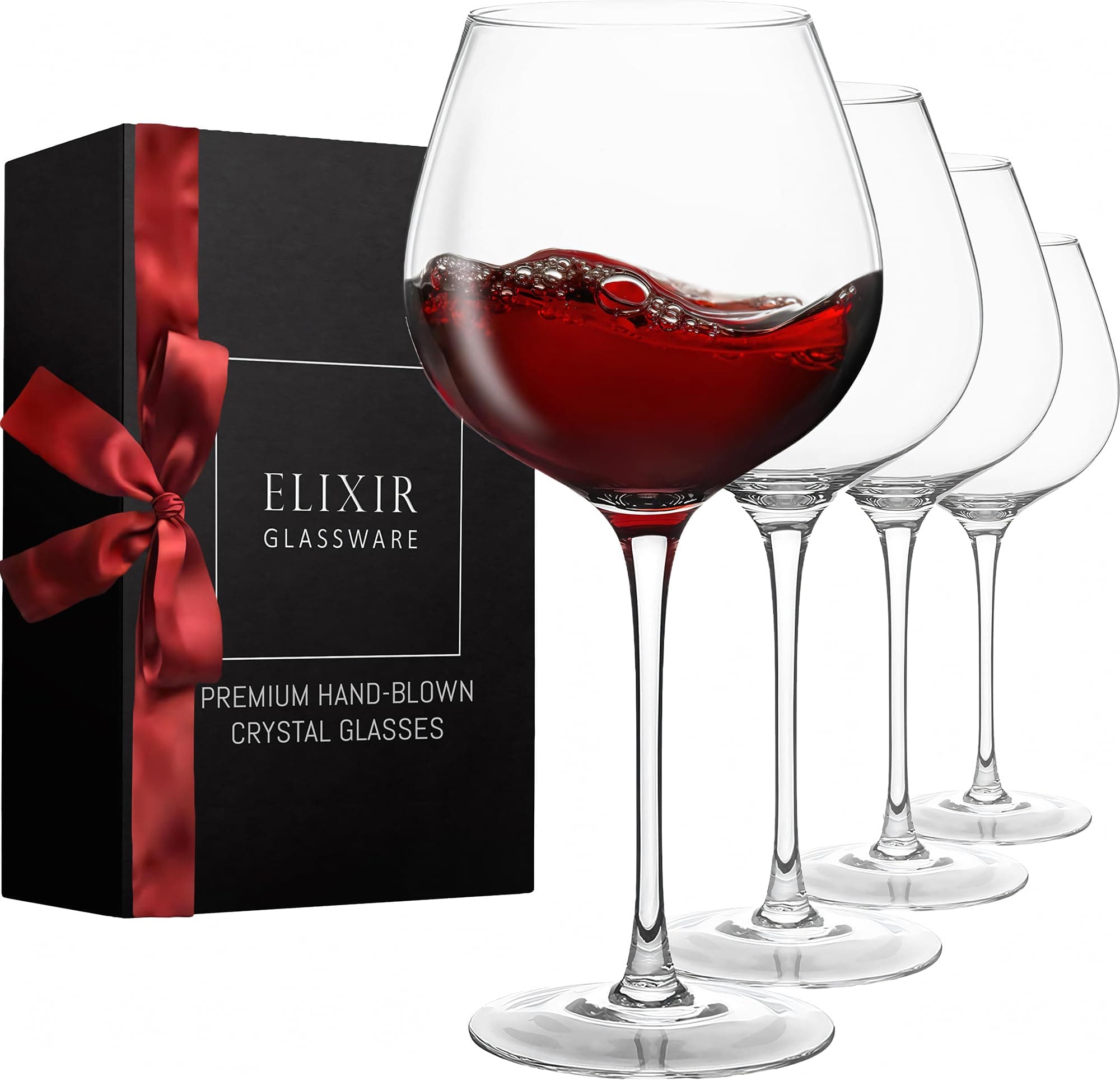 ELIXIR GLASSWARE Red Wine Glasses - Extra Large Crystal Wine Glasses 4 Set, Hand Blown - Long Stem Giant Wine Glass Set of 4 - Coupe a Vin - Wedding, Anniversary - 22 oz, Clear