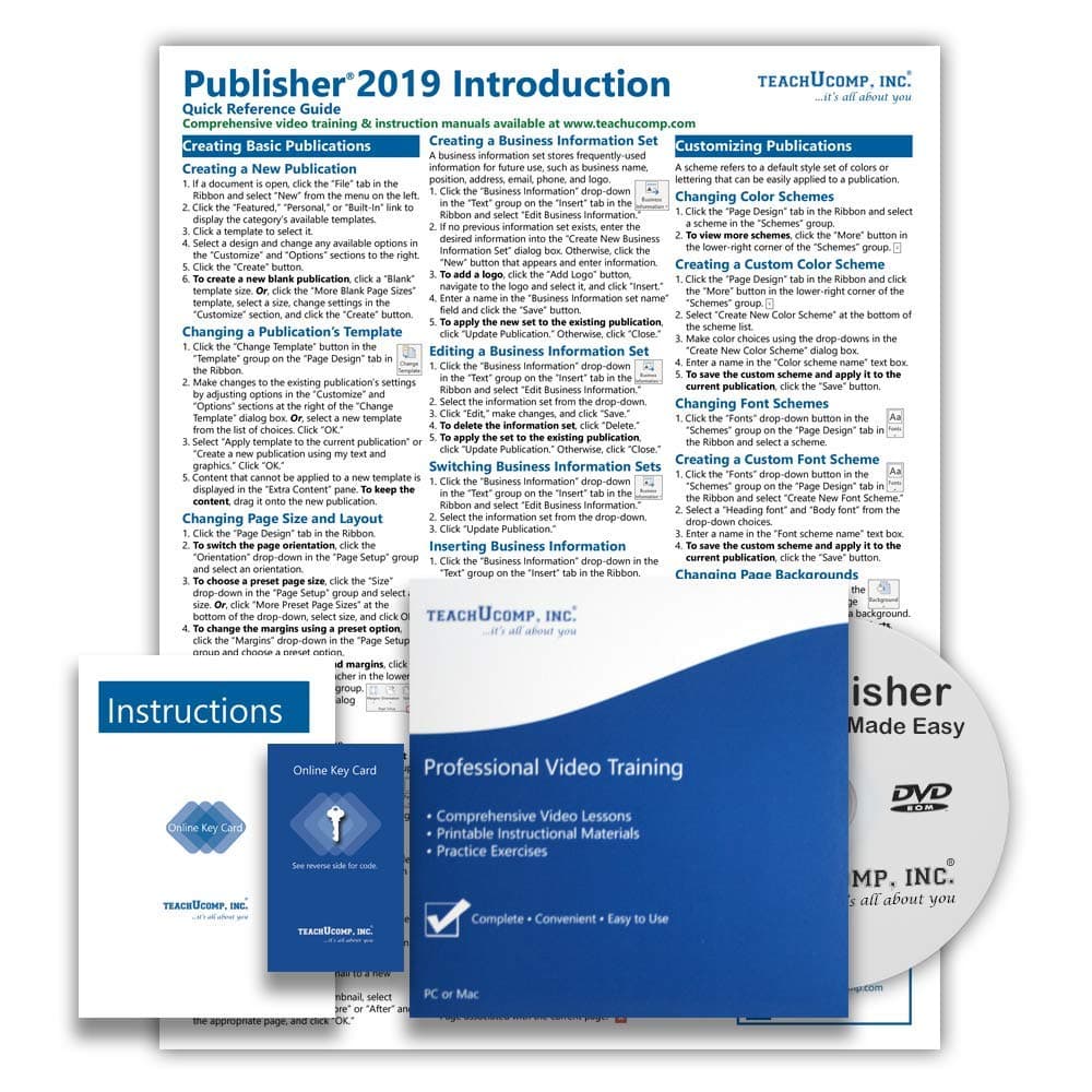 Microsoft Publisher 2019 DELUXE Training Tutorial Course- Video Lessons, PDF Instruction Manual, Printed and Laminated Quick Reference Guide, Testing Materials, and Certificate of Completion