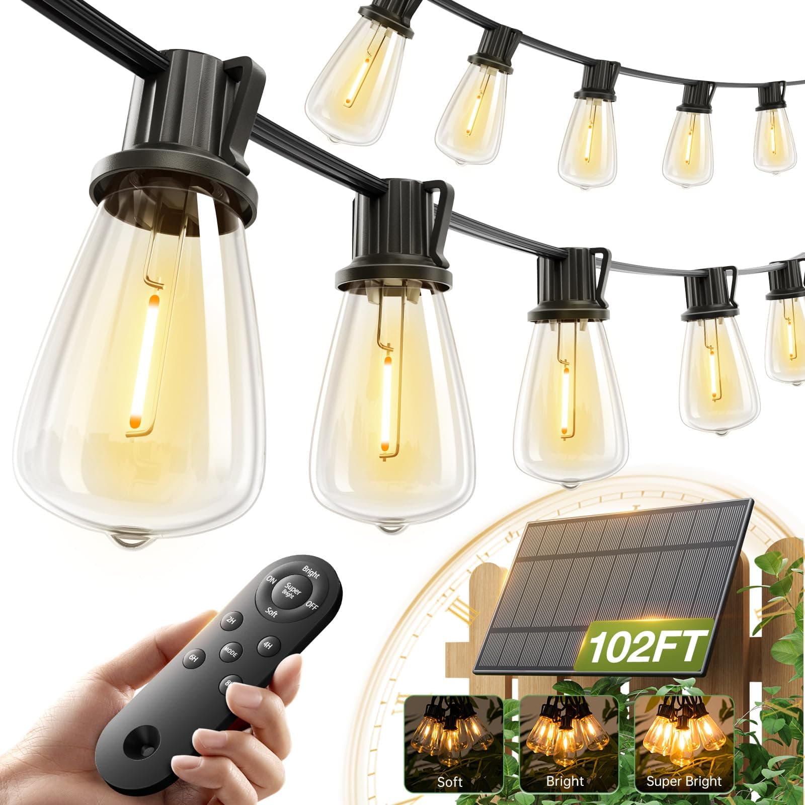 addlon 102(96+6) FT Solar String Lights Waterproof,Patio Light Solar Powered with Remote & USB Port 3 Modes, 30+2 LED Shatterproof Bulbs Outdoor Lighting for Camping Backyard Garden