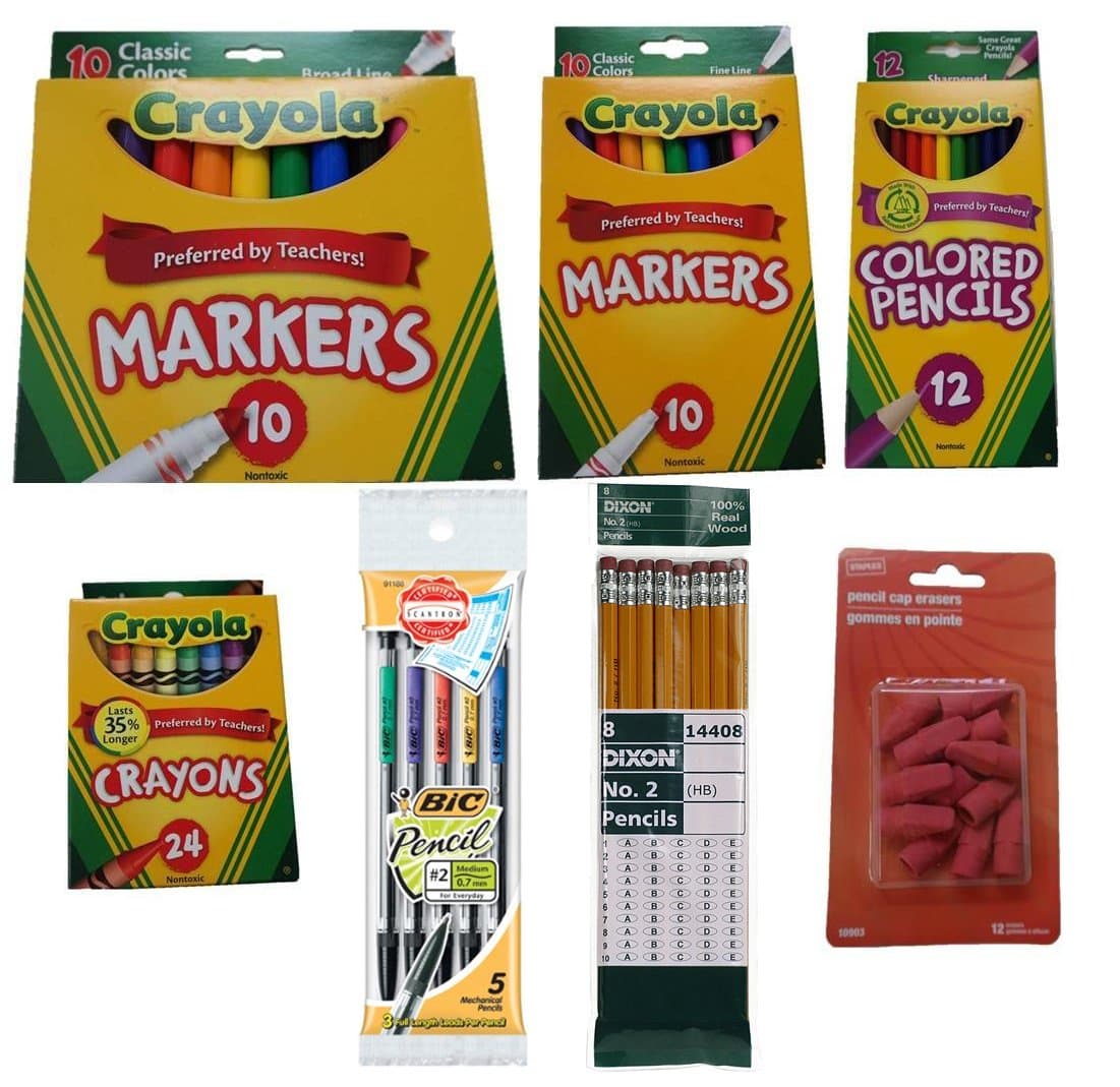 Back to School Basics (7 Items): Crayola fine and broad markers, colored pencils, crayons, Bic Mechanical #2 lead 0.7 mm pencils, Ticonderoga Dixon #2 Pencils and Eraser Caps