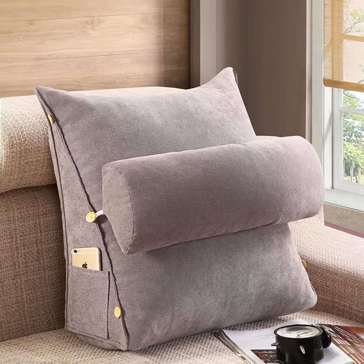 2 pcs Giant reading pillow Wedge Shaped Back Support Pillow and Bed Rest Cushion for Reading, 180x90x80cm Gaming, Watching - with Adjustable Neck Pillow (A, Grey)