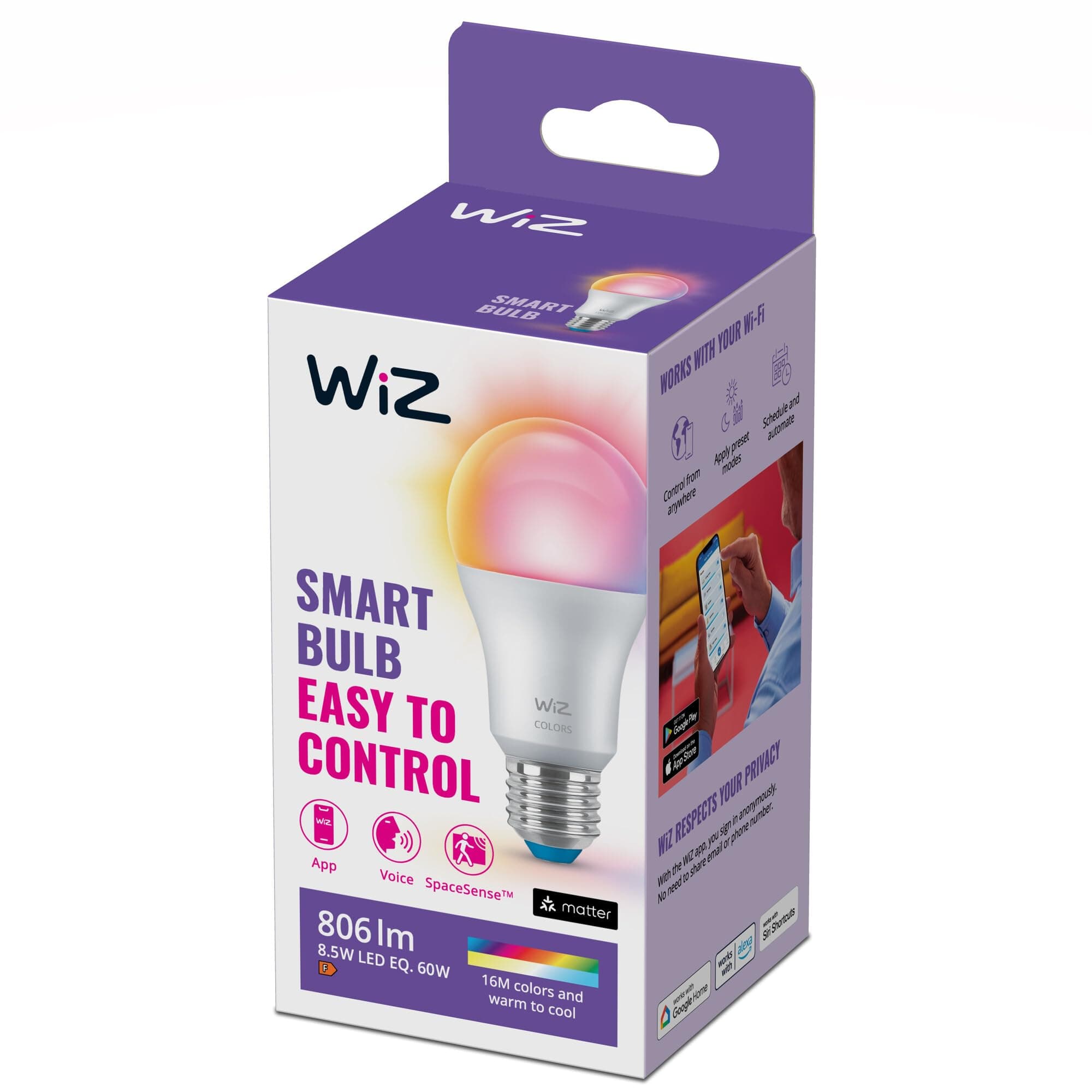 Wiz Colours & Tunable Whites A60 E27 60W Equivalent - Wifi + Bluetooth Smart Led Bulb - (Compatible With Amazon Alexa And Google Assistant)