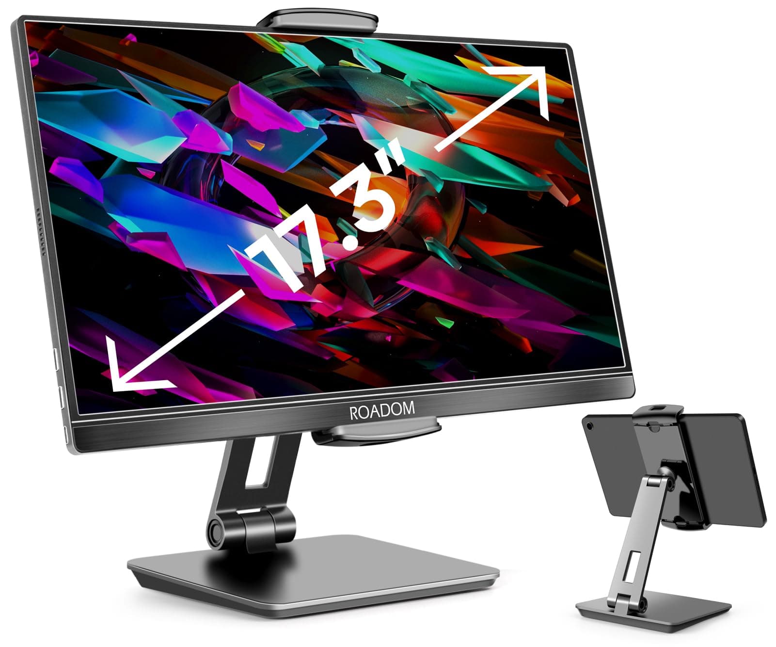 ROADOM Tablet Stand, Adjustable 360° Swivel Bracket, 180° Tiltable Clamp,Foldable Tablet Holder for 4.7-17.3'' iPhone/iPad/Tablet/Portable Monitor, Aluminum Alloy, Black