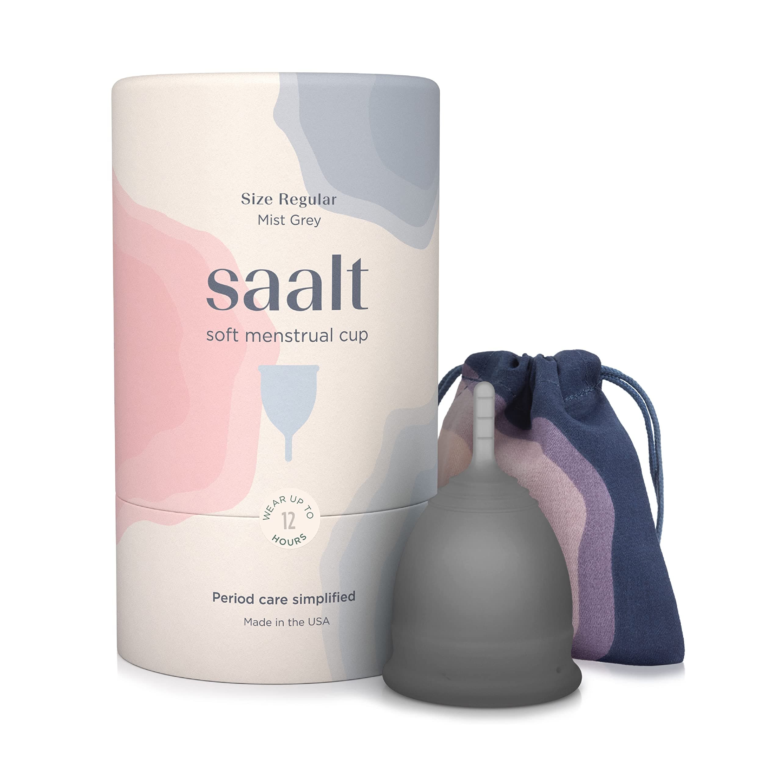 Saalt Soft Menstrual Cup - Super Soft and Flexible - Best Sensitive Cup - Wear for 12 Hours - Made in USA (Grey, Regular)