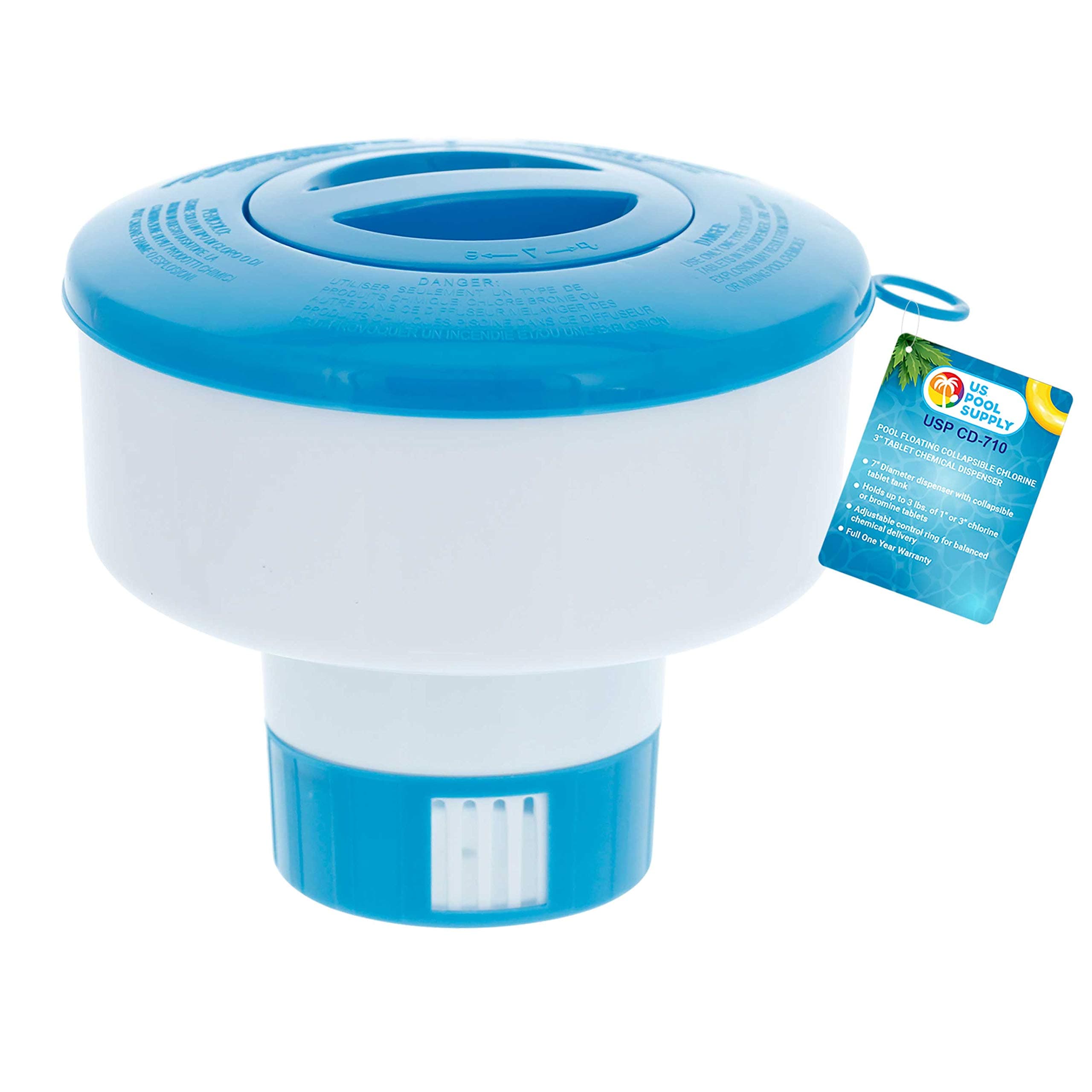 U.S. Pool Supply Pool Floating Collapsible Chlorine 3" Tablet Chemical Dispenser, 7" Diameter Floater- Adjustable Balanced Chemical Delivery
