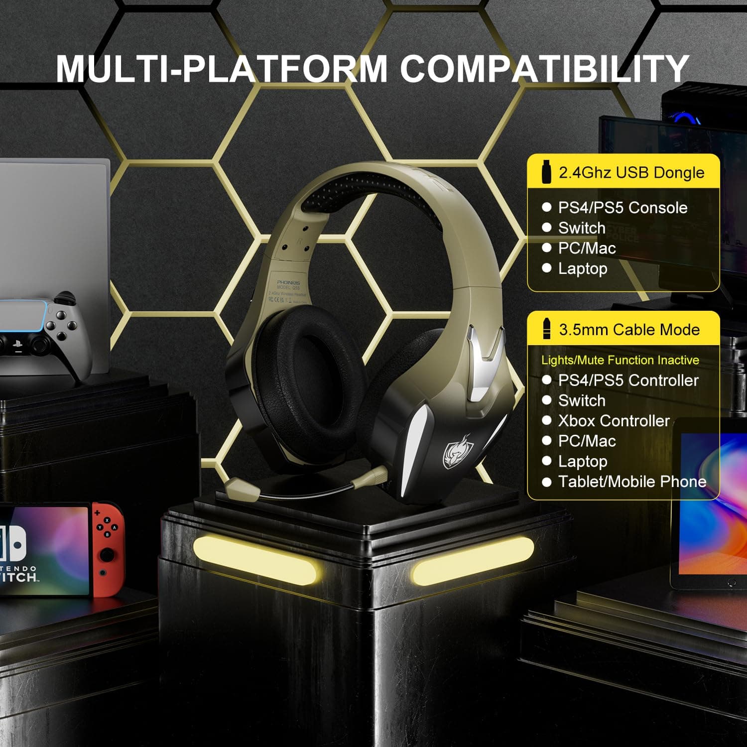 PHOINIKAS Wireless Gaming Headset for PS4 PS5 PC Switch, Wireless Gaming Over Ear Headphones with Detachable Noise Canceling Mic, 7.1 Stereo Sound, Only 3.5mm Wired Mode for XboxSeires -Dazzle Gold