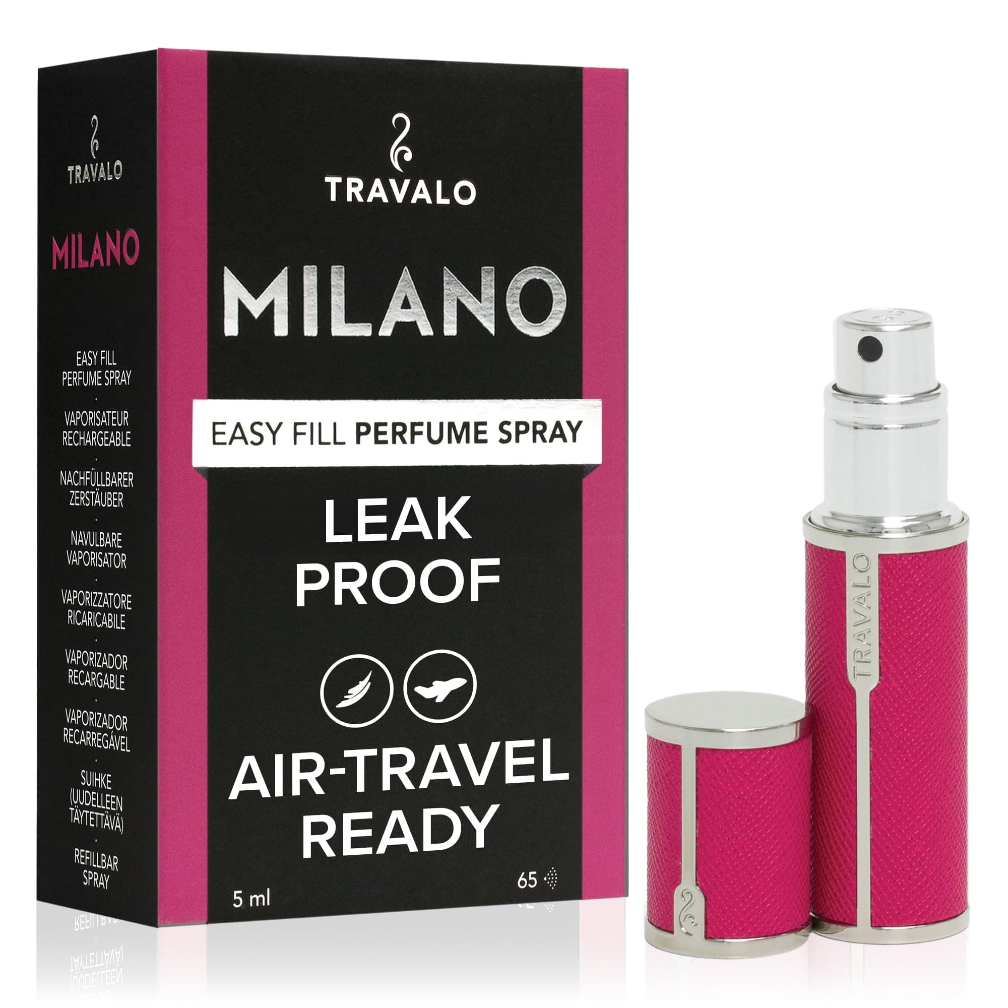 Travalo Milano Perfume Atomizer Travel Refill U-Change System TSA Approved Reusable Airtight Easy Fill Mini Pump Sprayer Lightweight Portable Vegan Leather w/Polished Metal Outer Shell Hot Pink 0.17oz