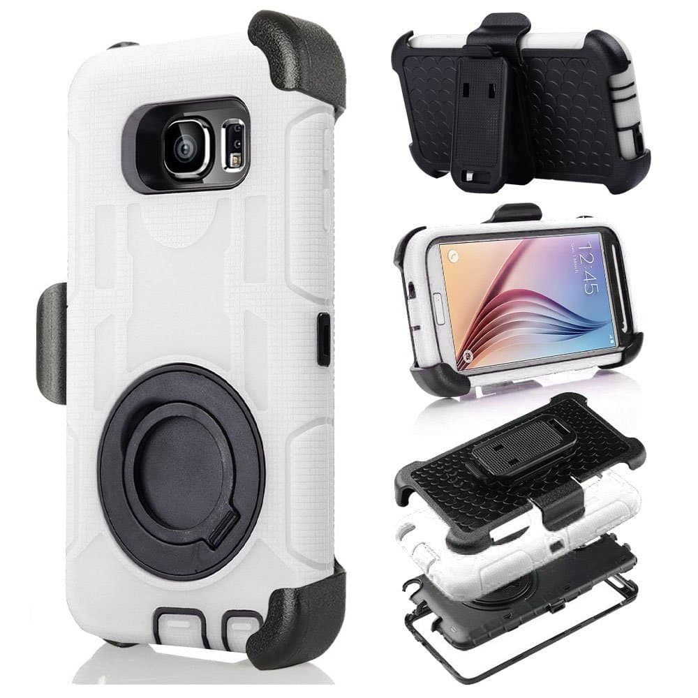 AITECH S6 Case, TPU Rubber & Silicone Ultra Shock&Drop-Proof Amy-Grade Protective Hard Defender Case with Stand & Clip for Galaxy S6 (White + Black)