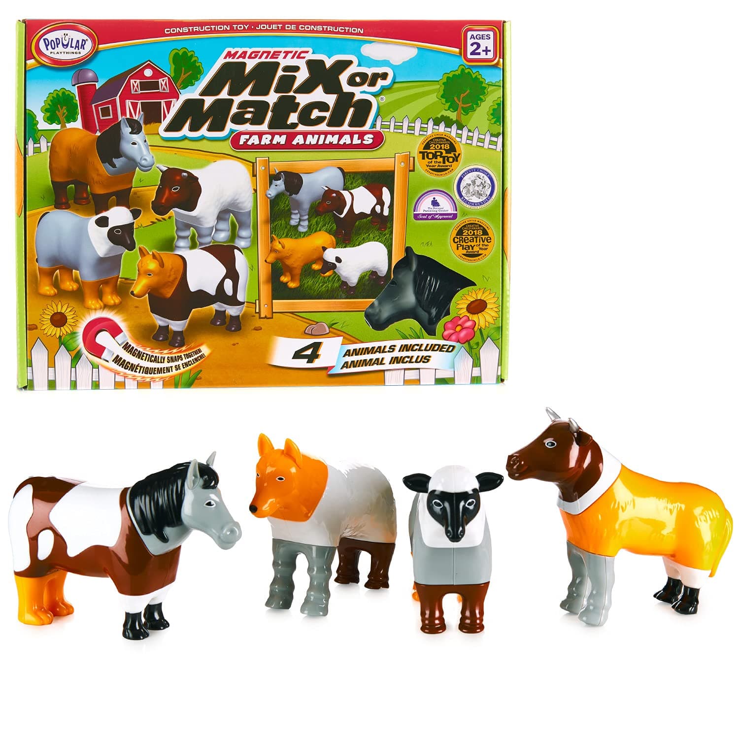 POPULAR PLAYTHINGS Magnetic Animals for Toddlers 1-3, Mix or Match Animal Toys, Set of 4 Gift for Kids - Farm Animals