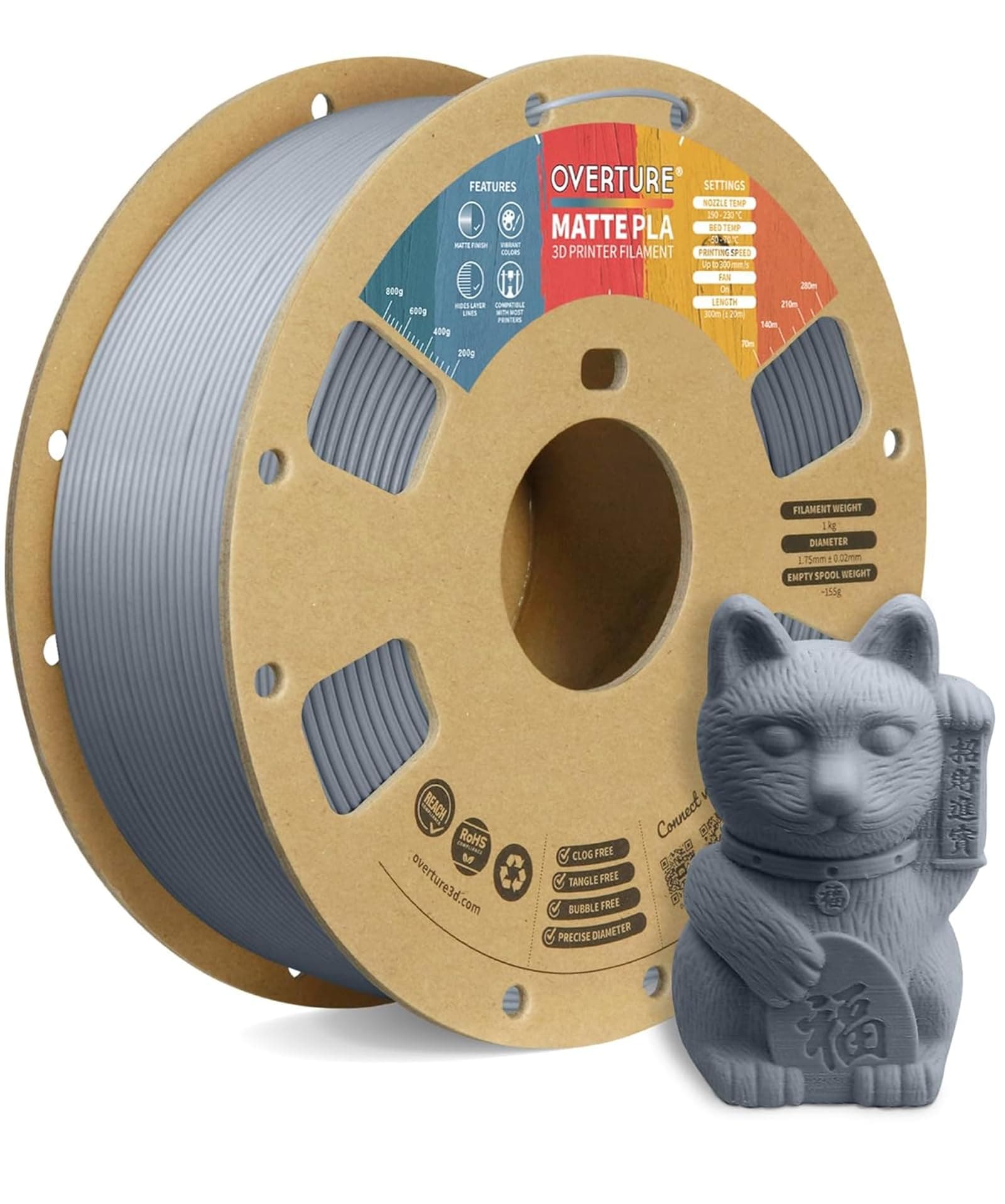 PLA Matte 3D Printer Filament 1.75mm, Matte PLA 1kg Cardboard Spool (2.2lbs), Dimensional Accuracy +/- 0.02 mm (Matte Light Gray)