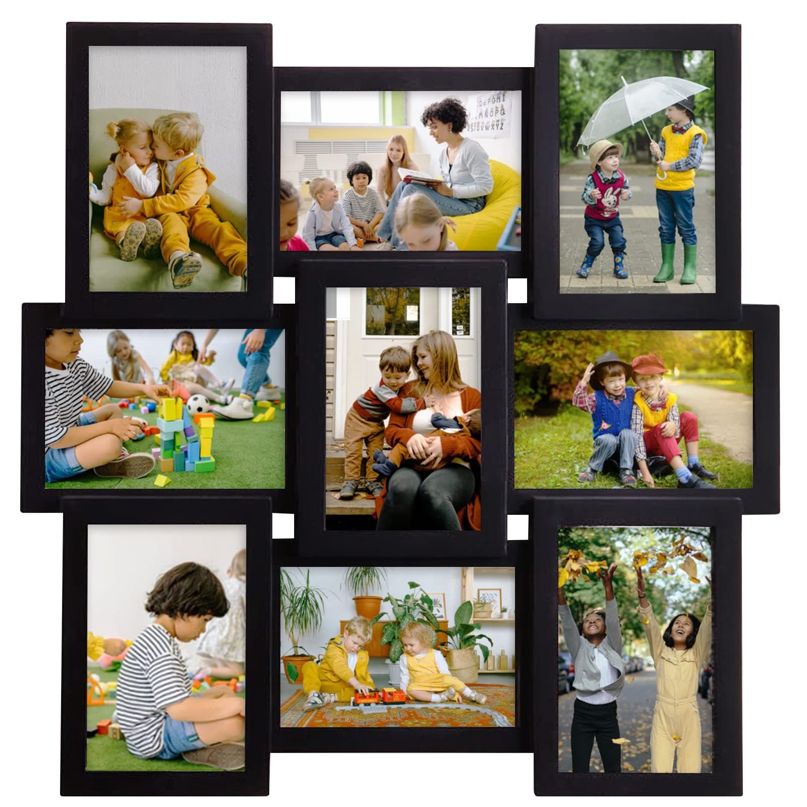 J.M.Deco Picture Frame Sets For Wall Collage, 9 Opening Frames 6 x 4 Collage with Family Friend's Memory, Rustic Distressed Photo Hanging 4x6, Black, Black