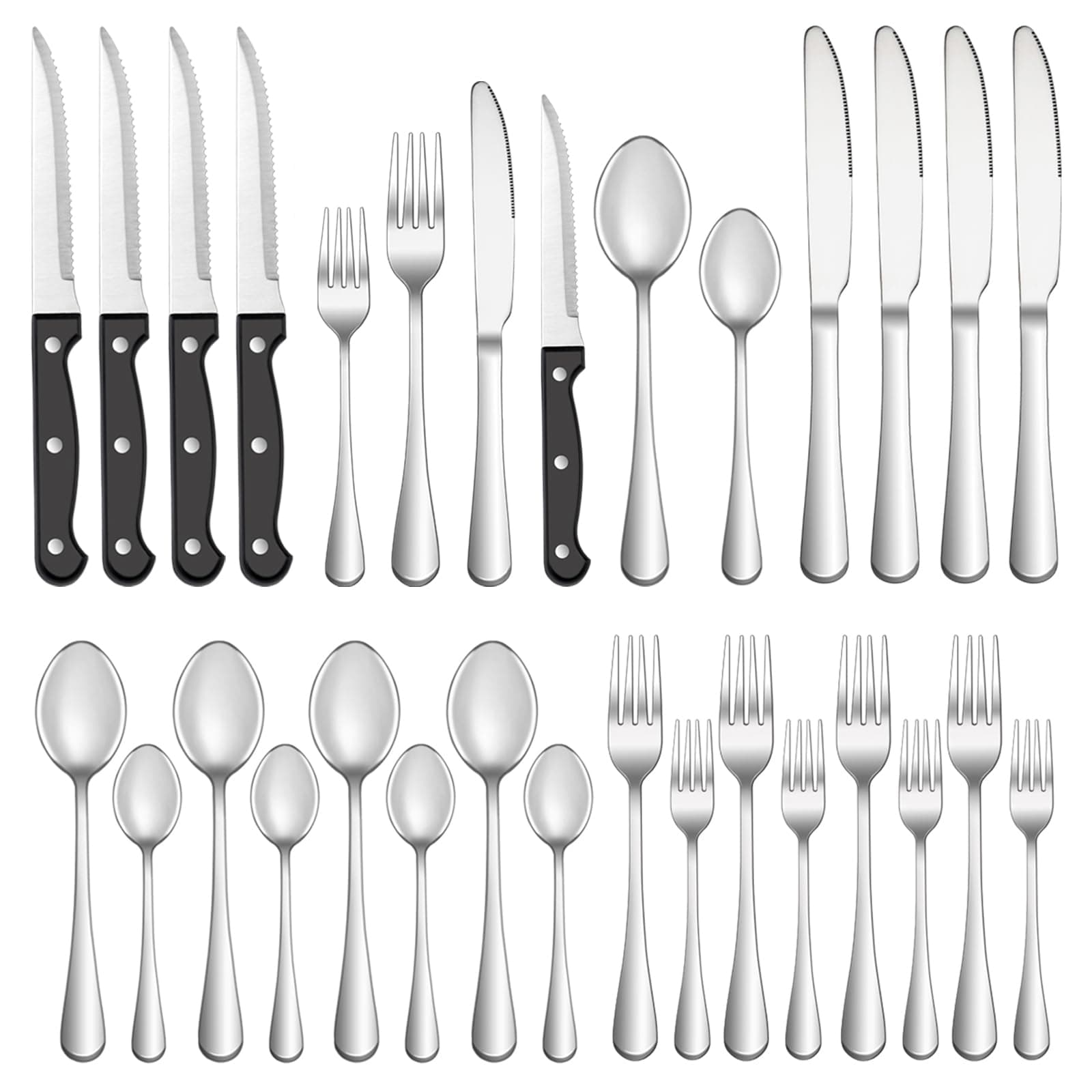 24 Pcs Silverware Set with Steak Knives Service for 4,Stainless Steel Flatware Set,Mirror Polished Cutlery Utensil Sets,Home Kitchen Eating Tableware,Include Fork Knife Spoon,Dishwasher Safe