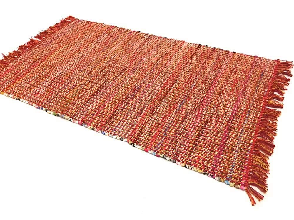 Second Nature Online Rag Rug Red Multi Colour Chindi Flat Weave Cross Stitch Reversible Indian Hand Loomed Ethical Source Small Medium Large Runner Area Mat (90cm x 150cm)