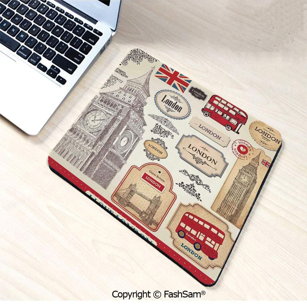 Personalized 3D Mouse Pad Conventional British Characteristics Big Ben Red Bus Tower and Bridge Banner for Laptop Desktop(W9.85xL11.8)