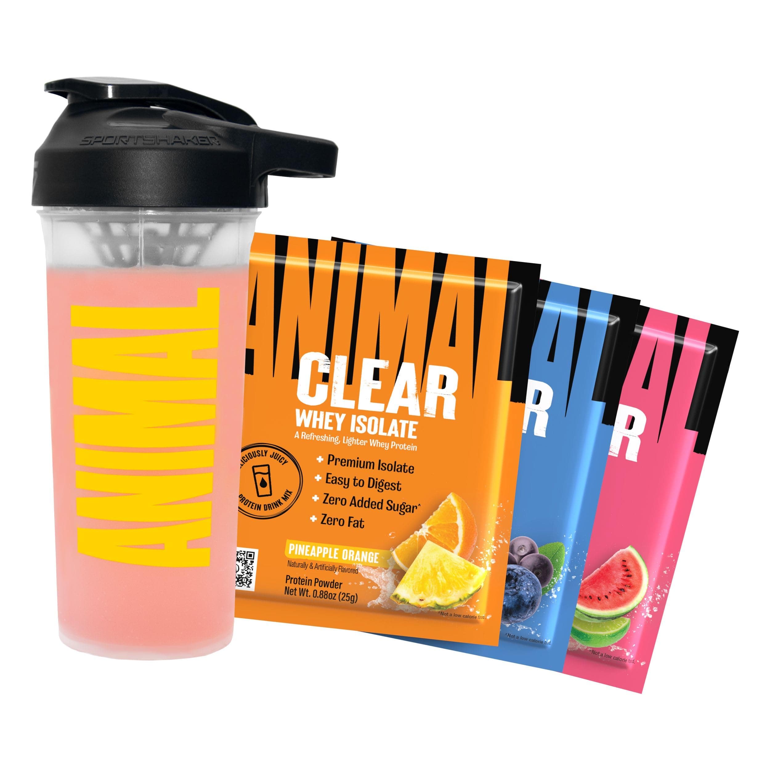 Animal Clear Whey Protein Isolate Sampler Pack & Shaker Bottle - Deliciously Juicy 20g Protein, Watermelon Limeade, Blueberry Acai, Pineapple Orange, 3 Single-Serving Packets