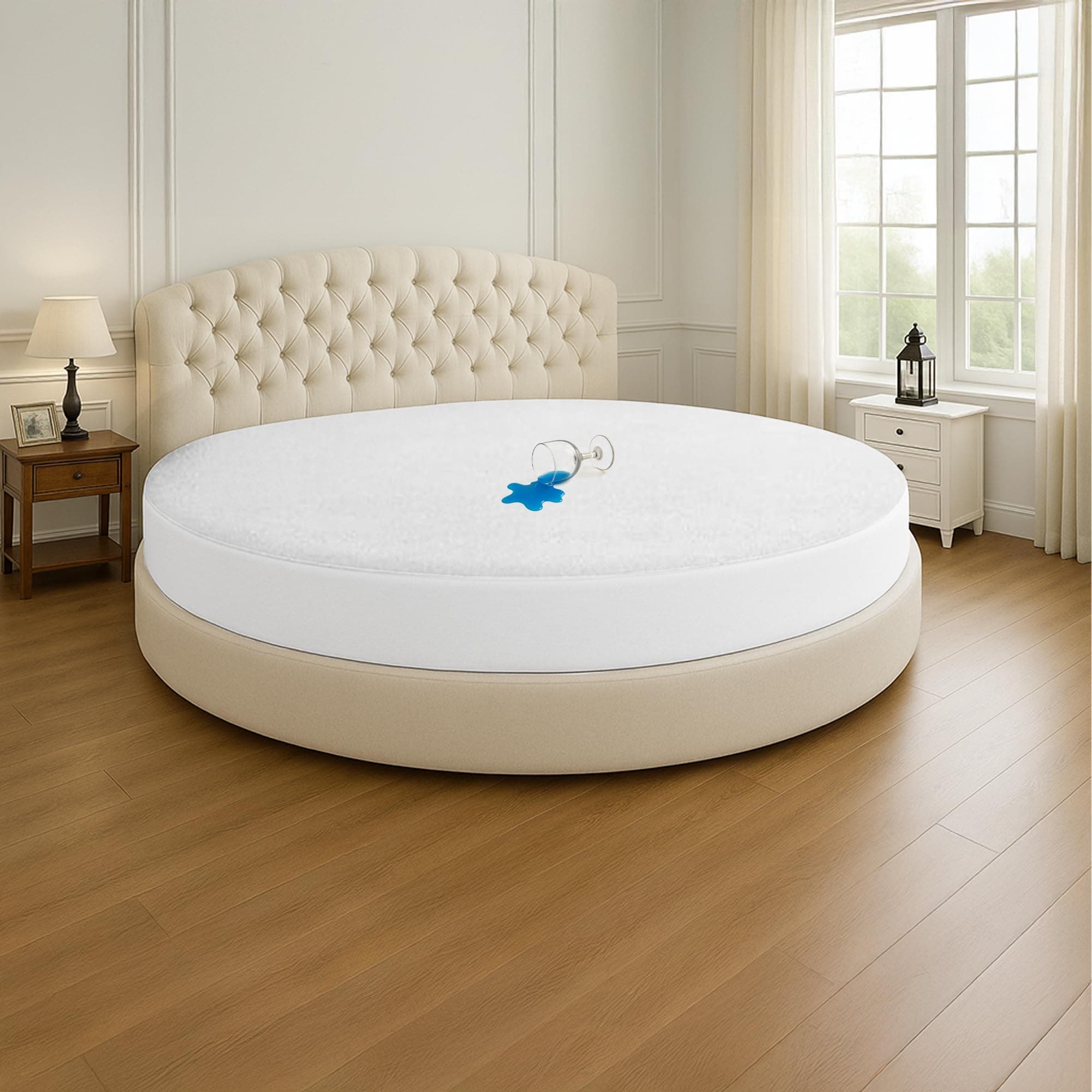 Round Mattress Protector 76" Diameter Size- 15" Deep Pocket Fitted Style Mattress Pad Cover Skin-Friendly, Super Soft & Breathable Bed Protection Against Moisture, Spills, Stains - White
