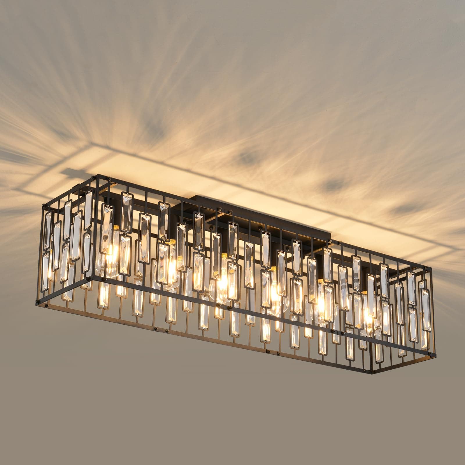 Modern Crystal Ceiling Light, 6 Light Black Chandelier Ceiling Lights Fixture, Classical Rectangle Chandeliers for Living Room Kitchen Hallway Island Bar, E27