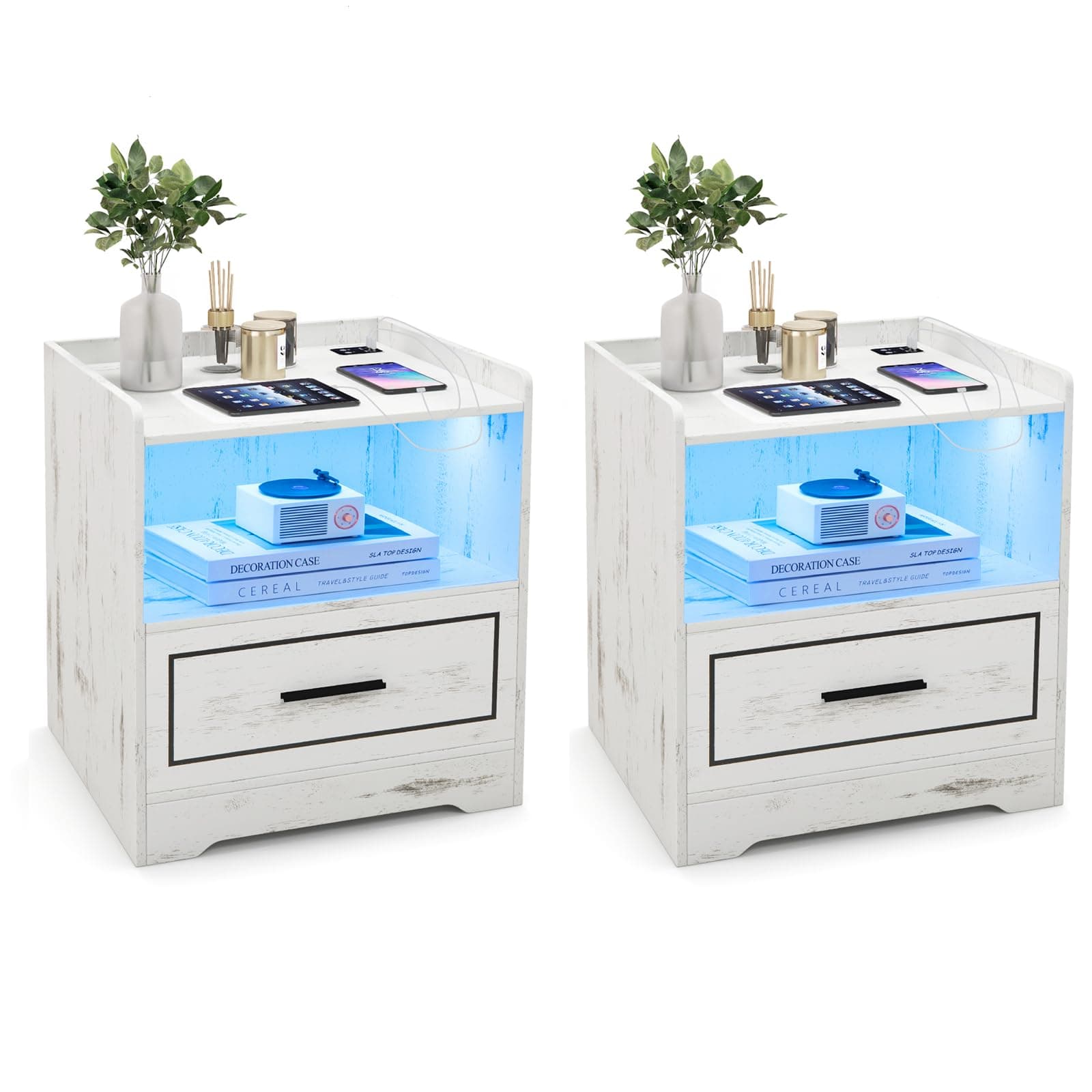 COSTWAY LED Bedside Table, Smart Nightstand Sofa Side Table with Charging Station, Human Body Induction, Drawer and Storage Shelf, Wooden Bedside Cabinet End Table for Living Room Bedroom (2, White)