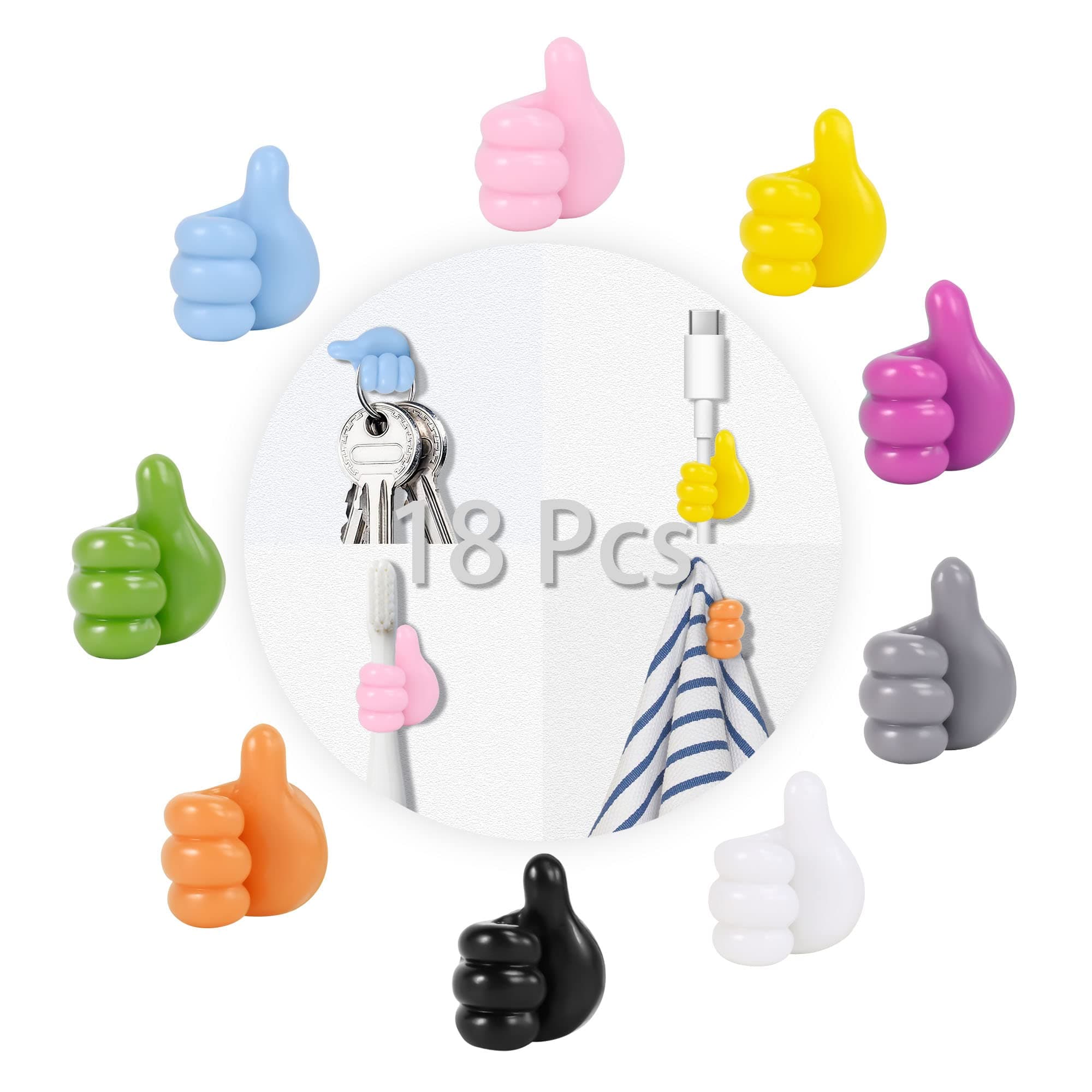 18 Pcs Self Adhesive Silicone Thumb Hooks, Multifunction Thumb up Wall Hooks for Cable Clip Key Holder Wall Hangers Wire Management Small Command Hooks