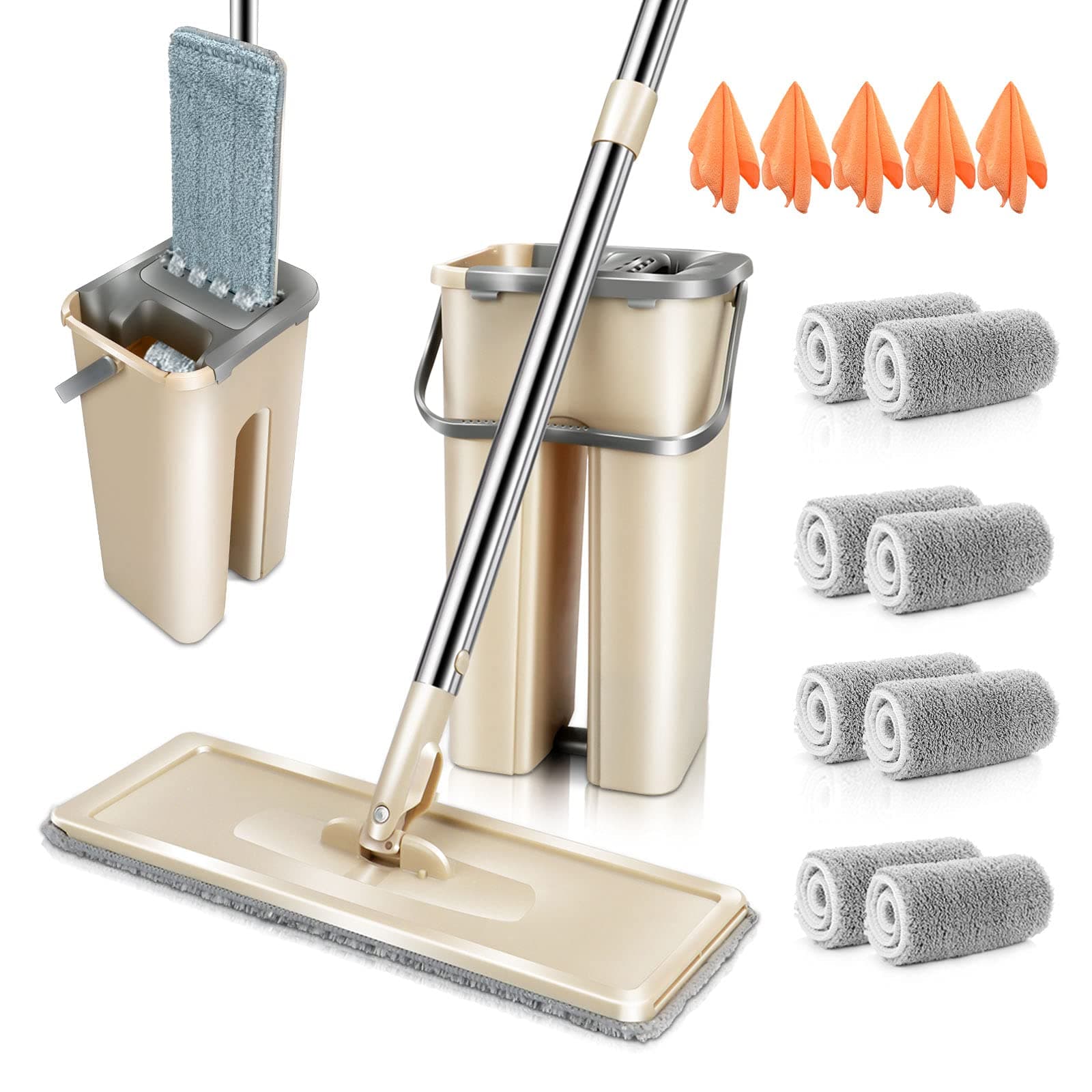 Myiosus Flat Mop and Buckets Sets with 8 Microfibre Mop Pads and 128.5cm Handle,Self Wringing Cleaning Mops for Hardwood Tile Laminate Floors,Send 5 Cleaning Cloths