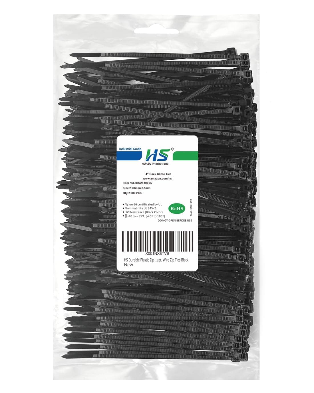 HS Durable Plastic Zip Ties 4 Inch (Bulk-1000 Pack) Small Tie Wraps Thin 18 Lbs Self-Locking Nylon Cable Ties for Electronics Organizer, Wire Zip Ties UV Rated Black