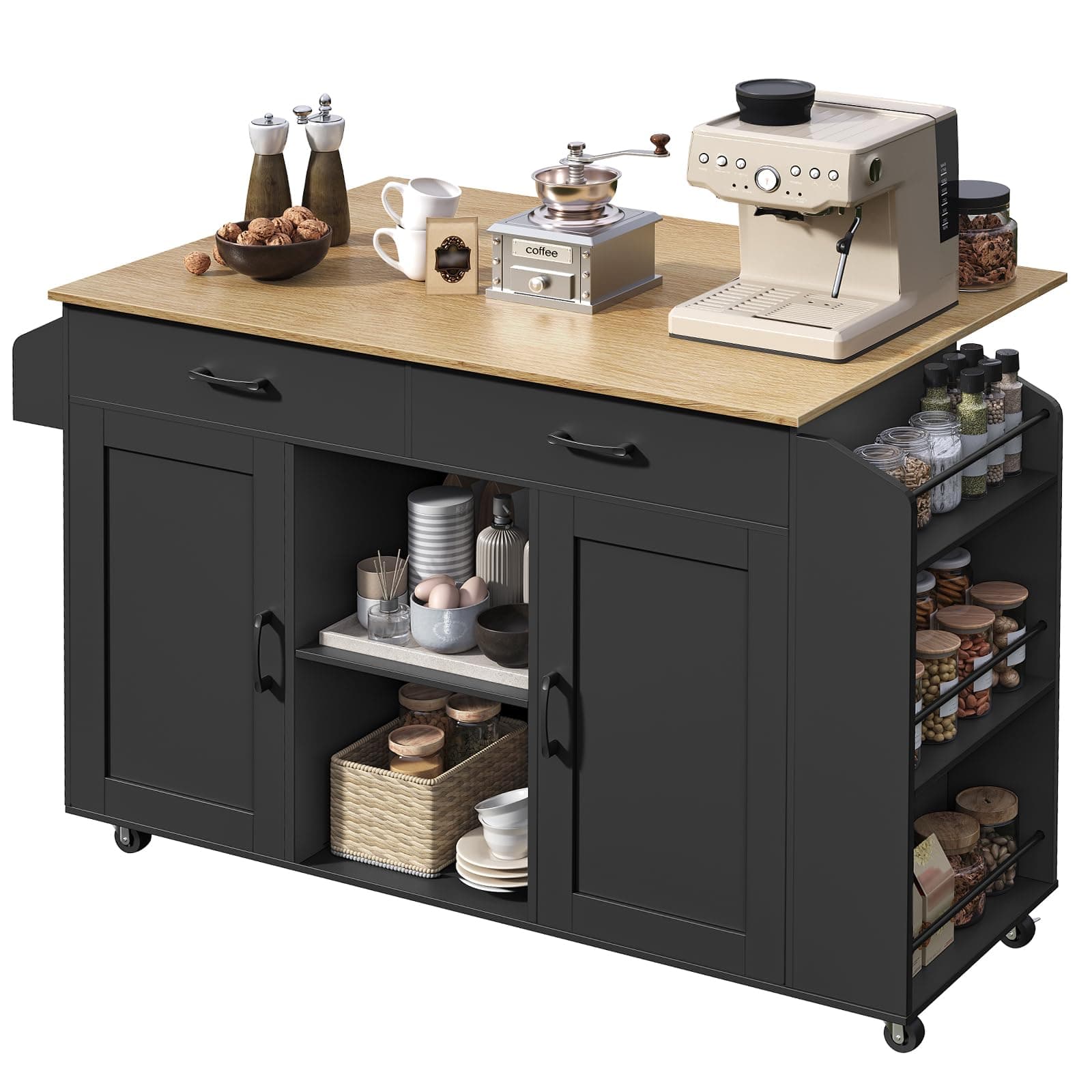 Kitchen Island with Storage, Mobile Portable Kitchen Table, Kitchen Island on Wheels with Drop Leaf, 52.8" Rolling Island, Spice Rack, Towel Rack, Black and Natural KINB12801
