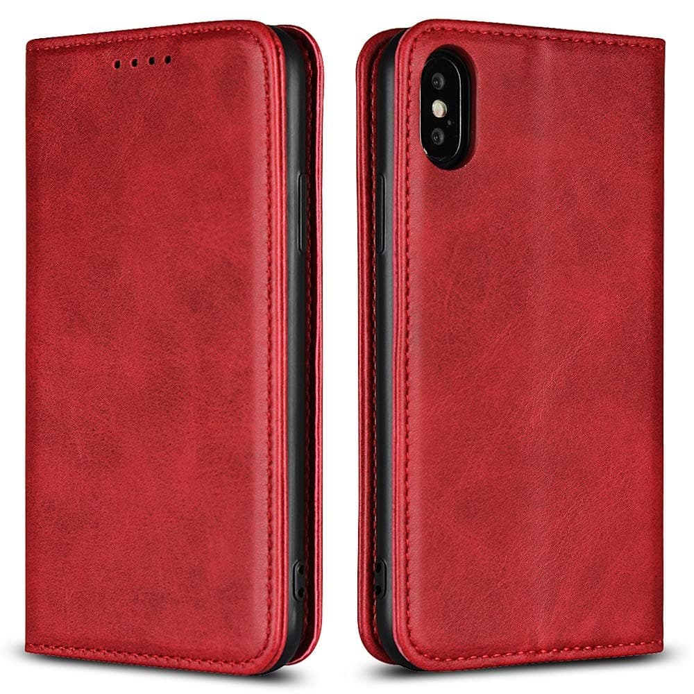 SailorTech iPhone X Wallet Case, Premium PU Leather Full Protective Folio Flip Cover with Stand Feature and Built-in Magnet & 3-Slots ID & Credit Cards Pockets for iPhone X case（5.8"）-Wine Red