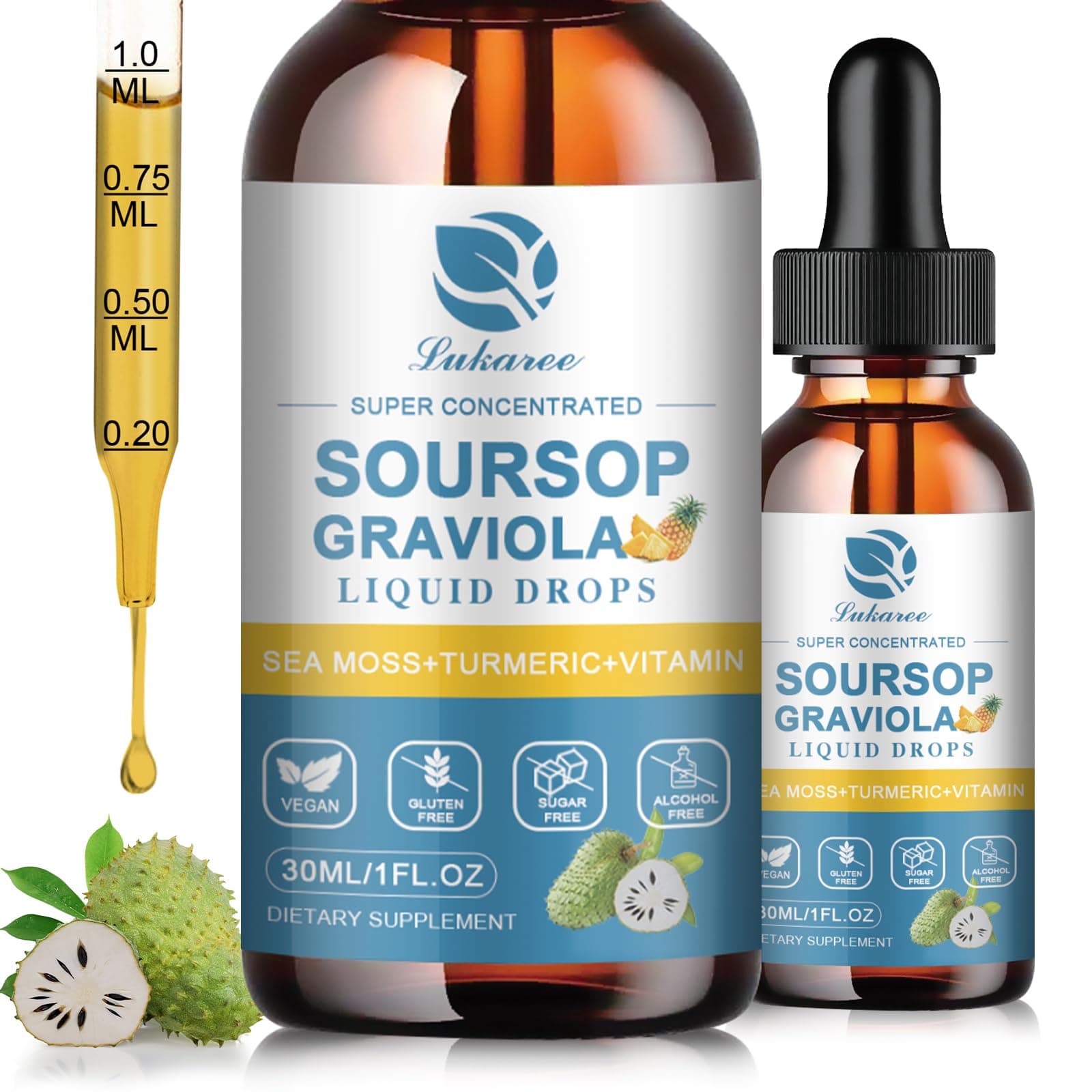 (2 Pack) Soursop Graviola Leaf Extract Liquid Drop Plus Pure Botanical Sea Moss for Cell Support & Regeneration, Immunity and Gut Health, Soursop Bitters Liquid丨Full Texture,Pineapple Flavor,1 Fl Oz