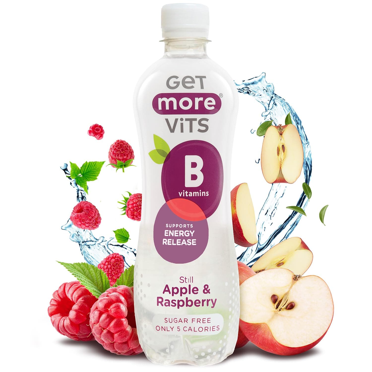 Get More Vits - B Vitamins Still Apple & Raspberry Flavoured Spring Water (12 x 500ml), Supports Energy Release, Tackle Tiredness & Fatigue, Natural Flavours, Sugar Free, Low Calorie, Vegan