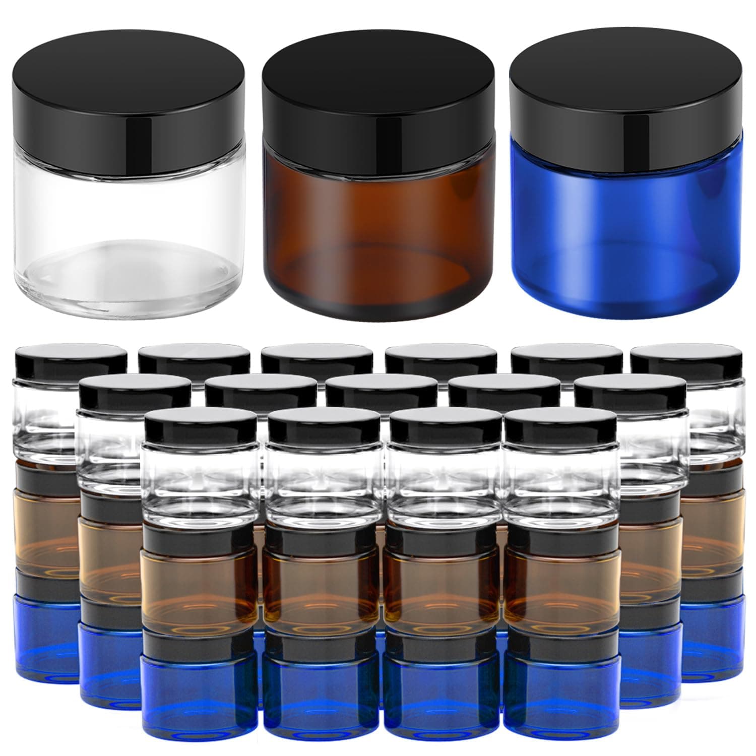 2 oz Glass Jars with Lids, 48 pack Round Small Containers with White Lids, Blank Labels & Inner Liners, Empty Cosmetic Containers for Sample, Powder, Cream, Lotion