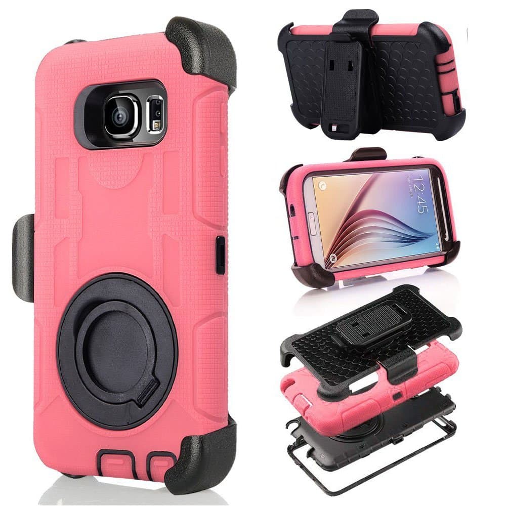 S6 Case, Galaxy S6 Case, Aitech TPU Rubber & Silicone Ultra Shock&drop-proof Amy-grade Protective Hard Defender Case with Stand & Clip for Samsung Galaxy S6 (Pink +Black)