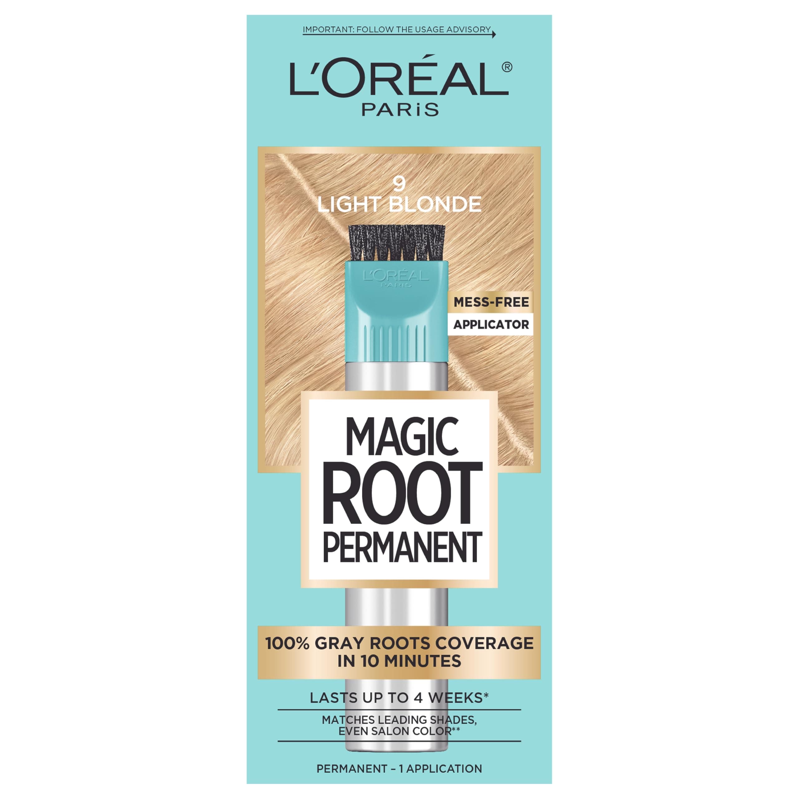 L'Oreal Paris Magic Root Rescue 10 Minute Root Hair Coloring Kit, Permanent Hair Color with Quick Precision Applicator, 100 percent Gray Coverage, 9 Light Blonde, 1 kit (Packaging May Vary)
