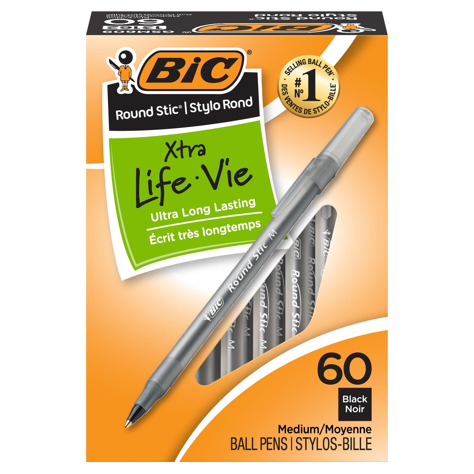 BIC Round Stick Long Lasting Ballpoint Pen, Medium Point, 60 Count