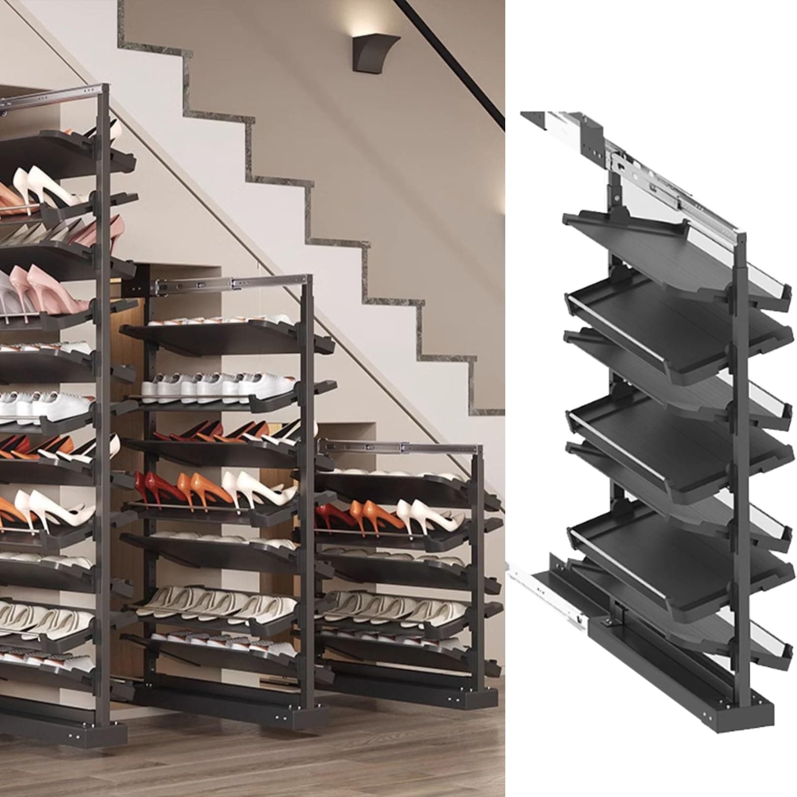 Pull-Out Shoe Rack Organizer for Closet Shoe Cabinet,Adjustable Height Retractable Metal Stackable Shoe Rack, Vertical Shelf Organizer for Small Bedroom Closet, Space Saving Storage, Black(80cm,7 Tier