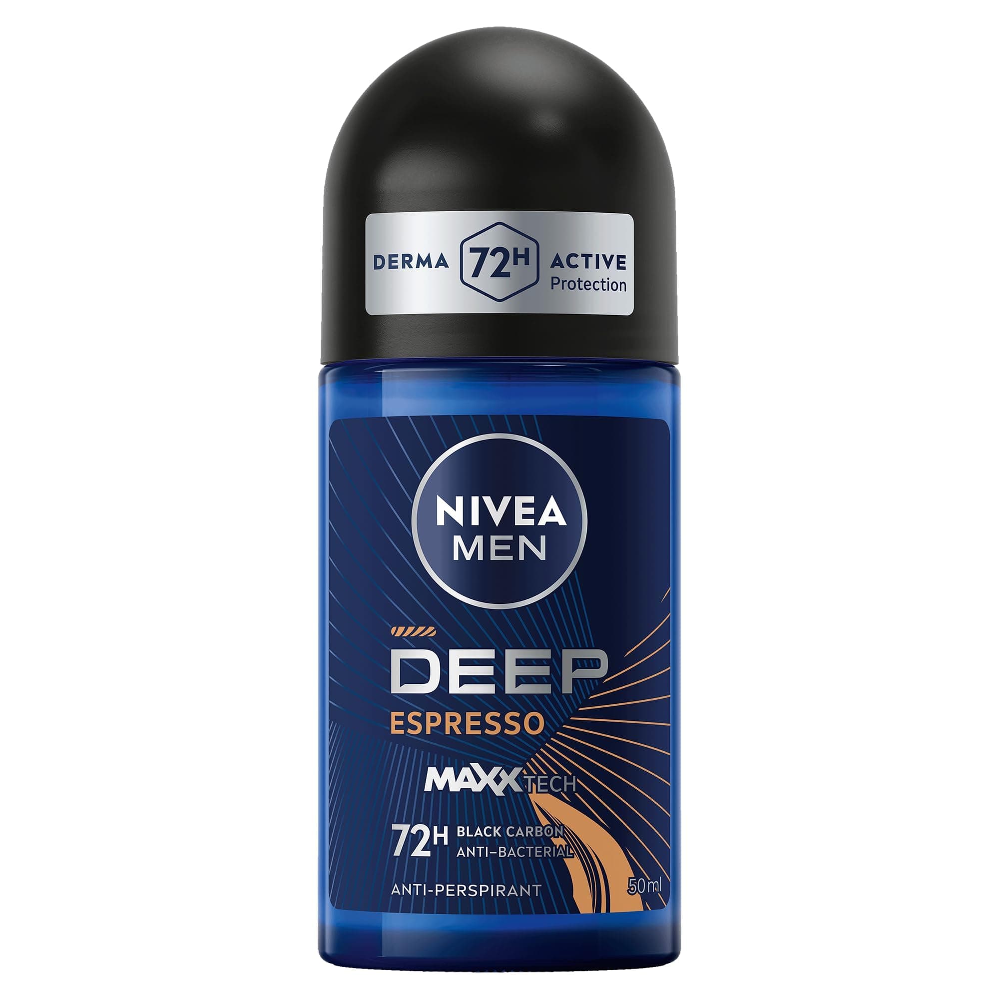 NIVEA MEN Deep Espresso Roll-On 50ml, with Black Carbon, 72H Sweat & Odor Protection, Energizing Espresso Scent