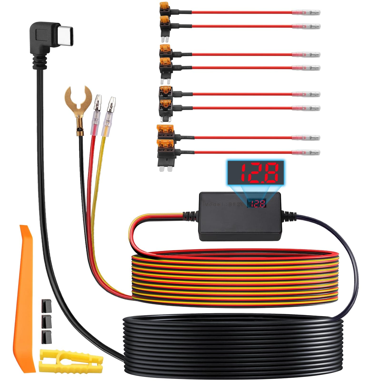 eSynic Upgraded LCD Display 3 Wire Dash Cam Hardwire Kit 11.5ft/3.5M USB C Car Camera HardWire Kit 12V-24V to 5V Dashcam Hard Wiring Kit Support Acc Mode & Low Voltage Protection for Dash Camera etc