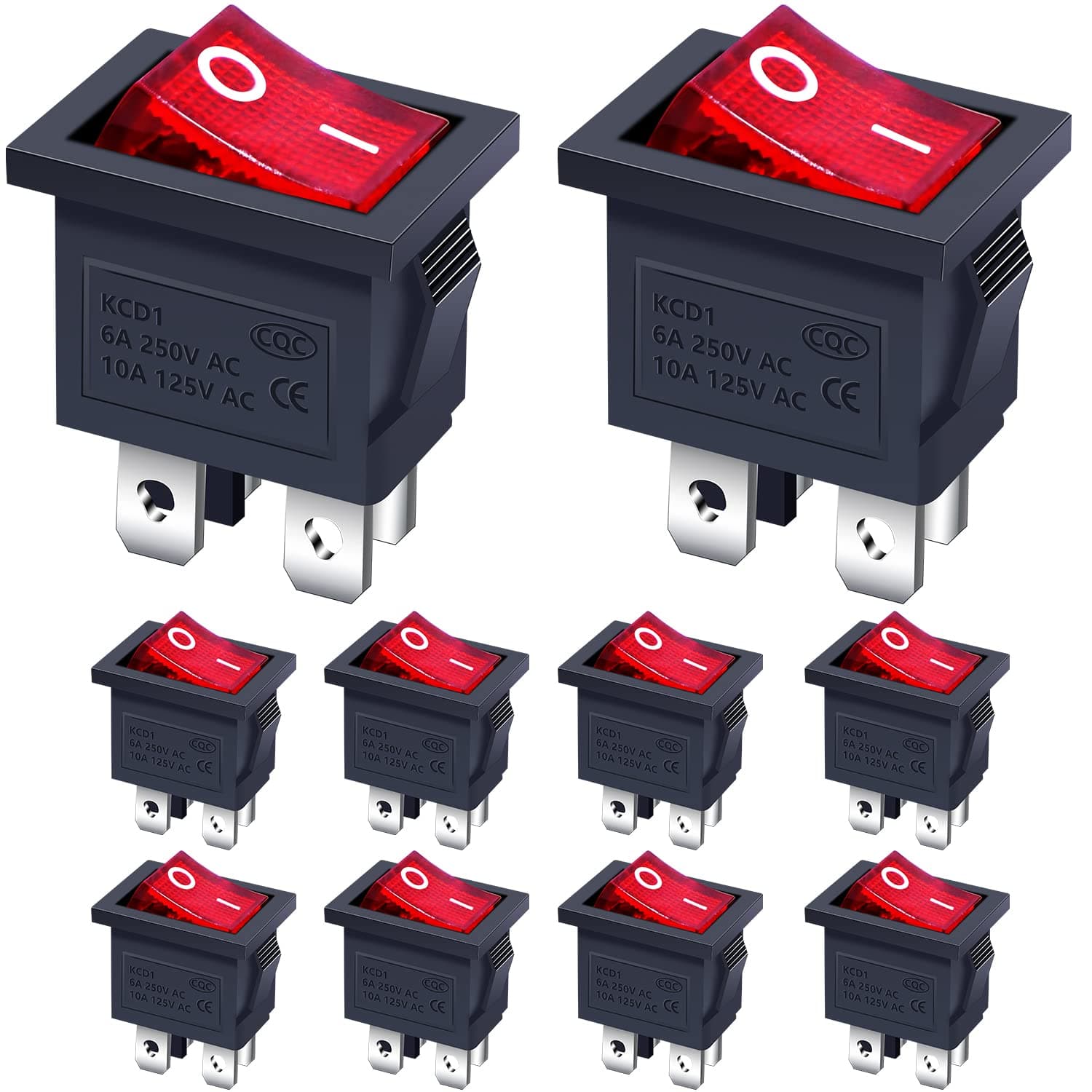 Taiss/10Pcs Rocker Toggle Switch Red Light Illuminated ON/OFF DPST 4 Pin 2 Position KCD1 Snap AC 250V/6A 125V/10A KCD1-104N-R