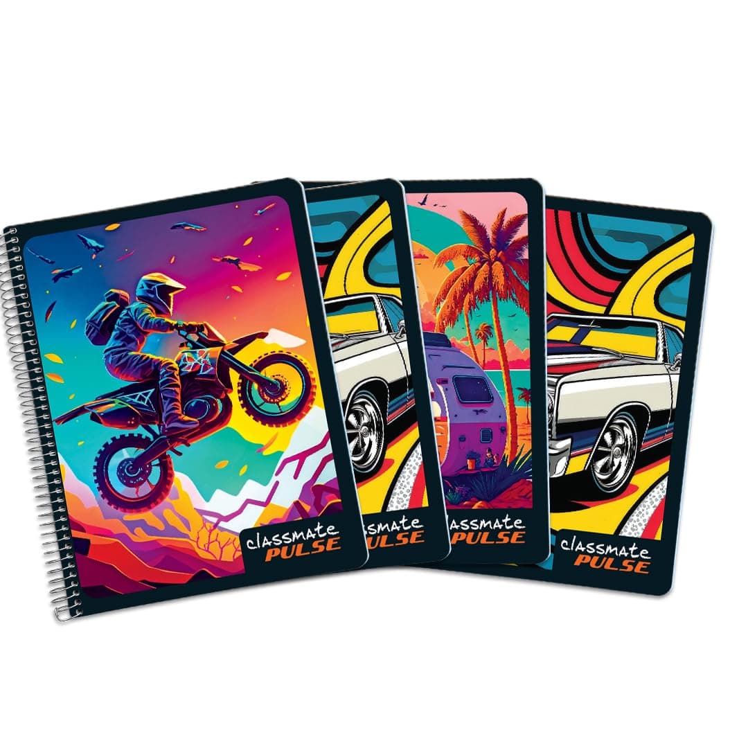 Classmate Pulse Single Subject Spiral Notebook - Pack of 4 | Single Line | 180 Pages | 24.0cm x 18.0cm | Attractive Cover Designs | Soft Cover | Notebooks for College Students Spiral-bound