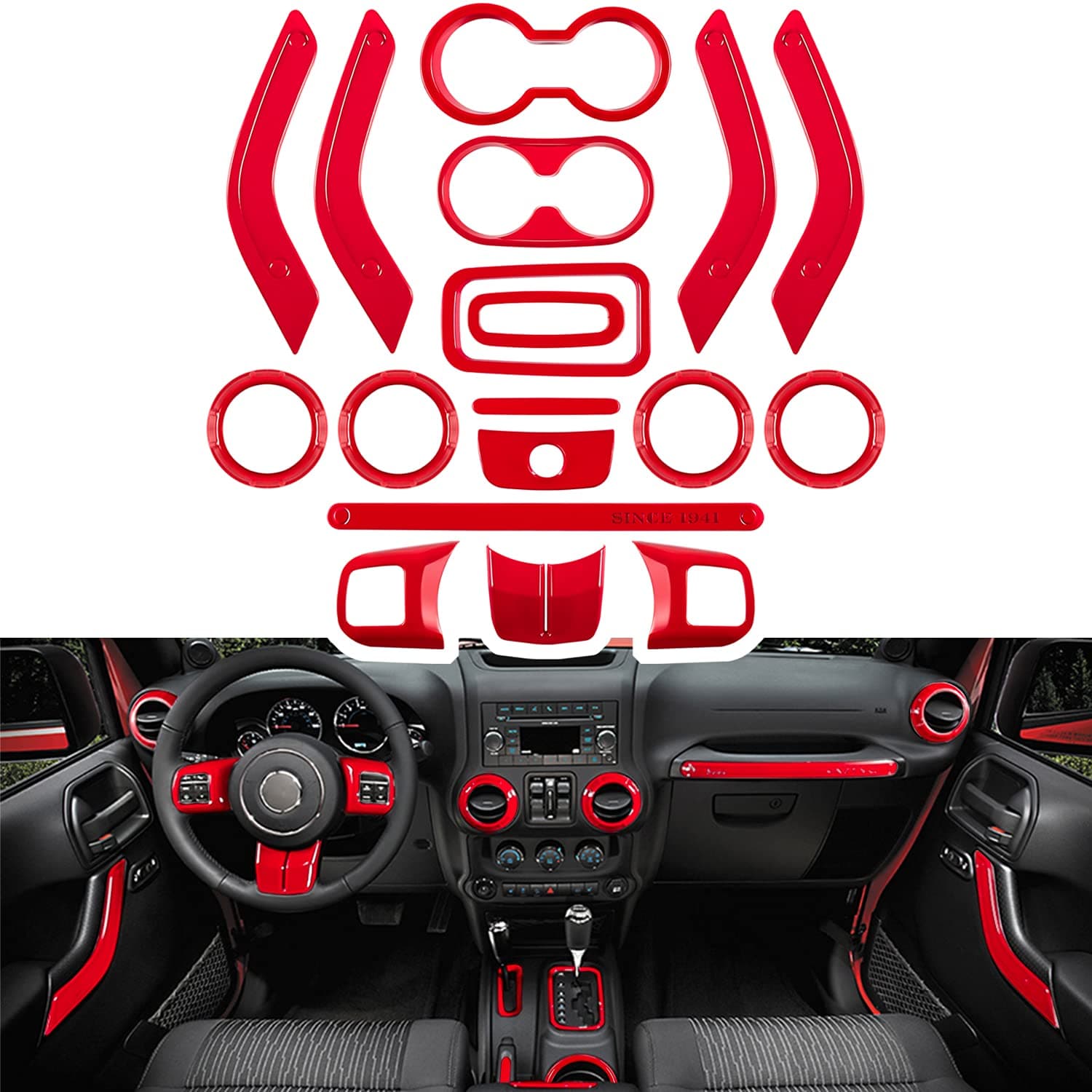 E-cowlboy 18 PCS Full Set Interior Decoration Trim Kit Steering Wheel Center Console Door Handle Air Conditioning Vent Cup Holder Gear Cover Trim for Jeep Wrangler JK JKU 2011-2018 4-Door (Red)